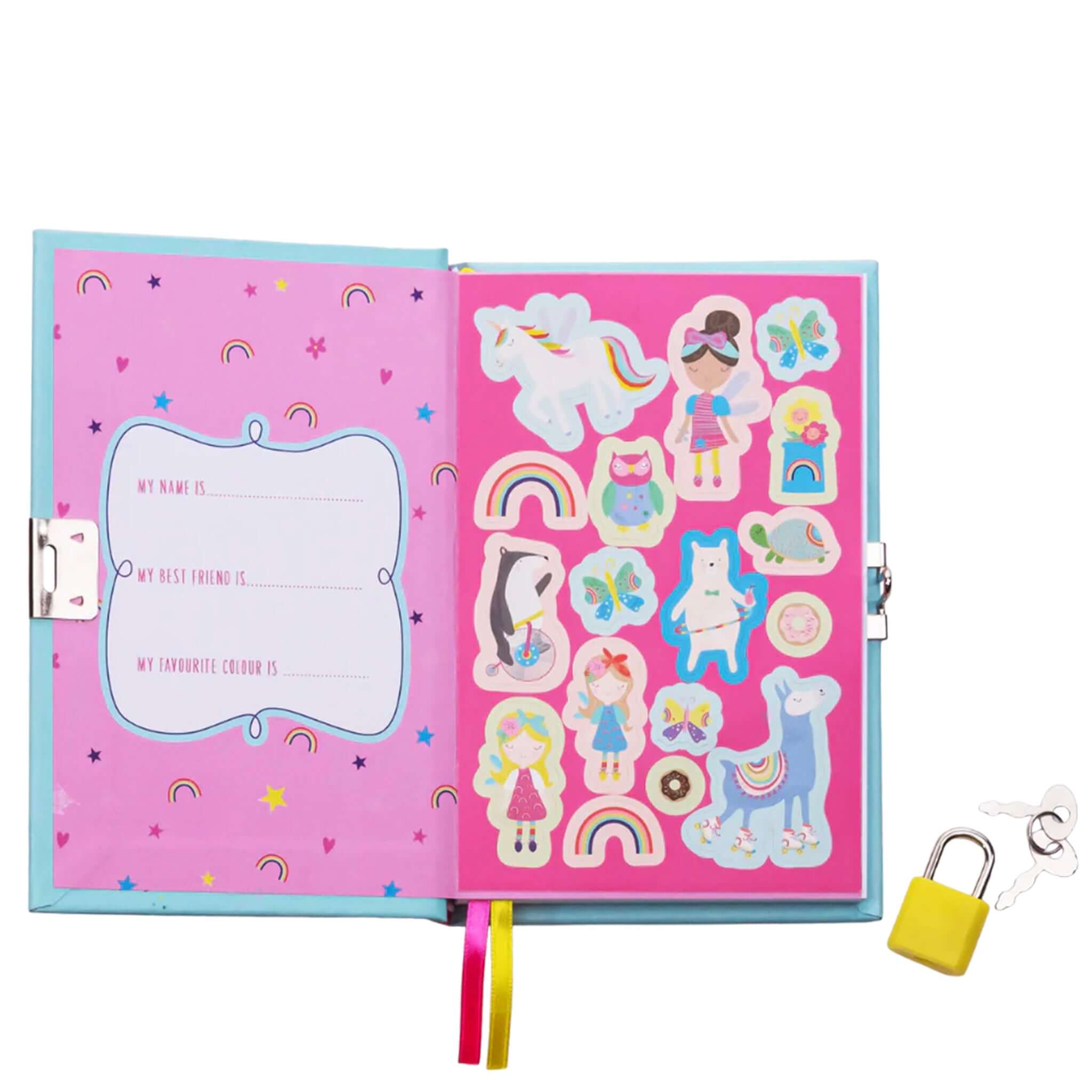 Floss & Rock My Scented Secret Diary - Rainbow Fairy with sticker sheet, padlock, and colorful page holders.