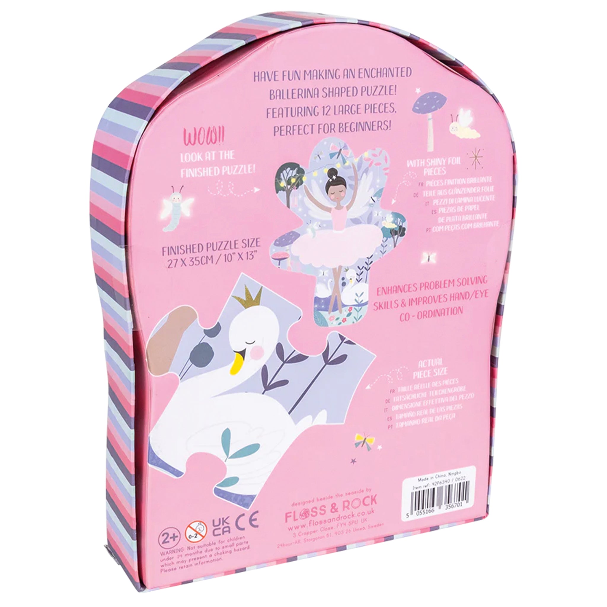 Back of a pink packaging box with illustrations and text, featuring a ballerina and swan design.