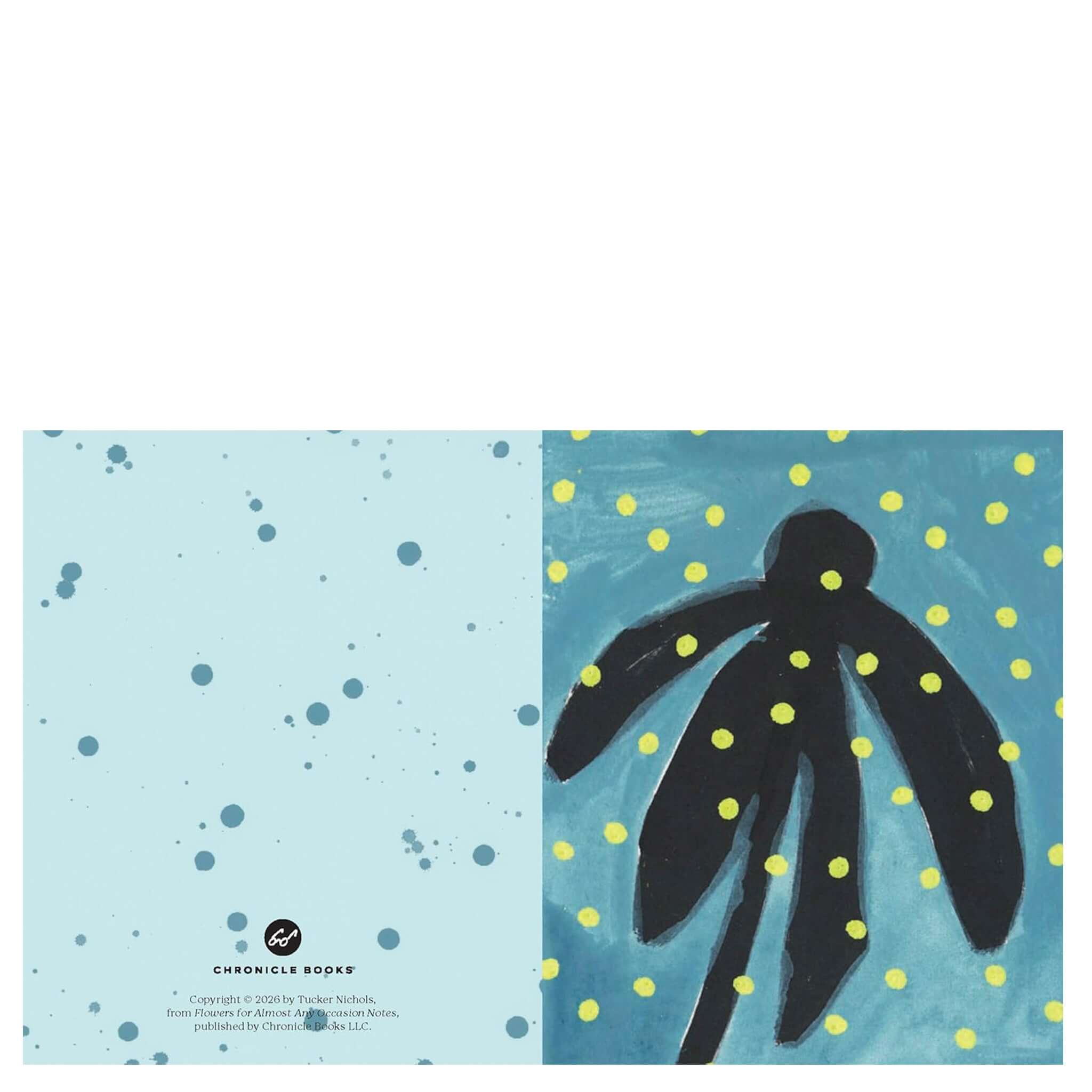 Alt Tag: Flowers for Almost any Occasion Note Cards Set floral notecard with expressive art, black flower silhouette on blue with yellow dots