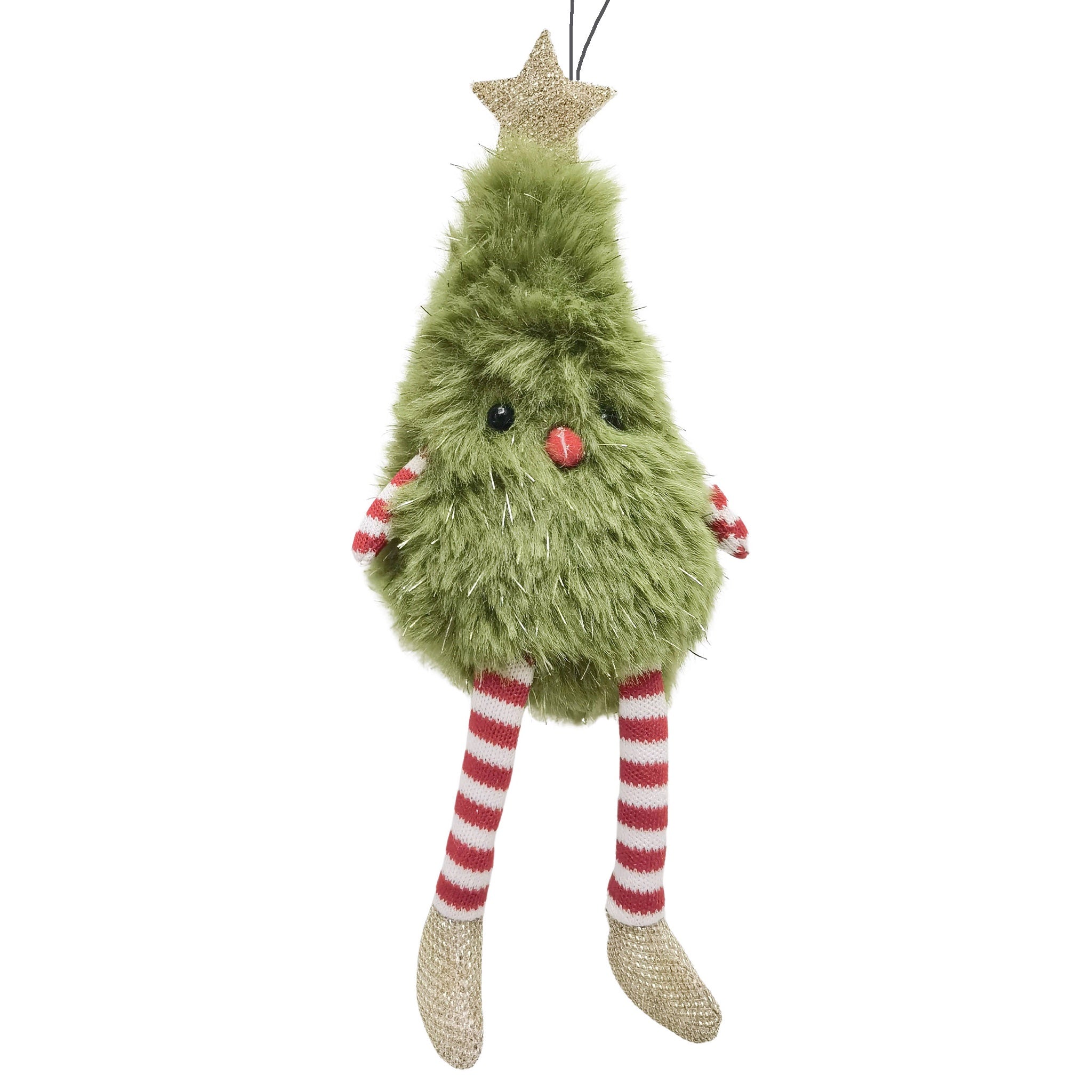 Green fluffy Christmas tree decoration with a star on top and red and white striped legs on a white background