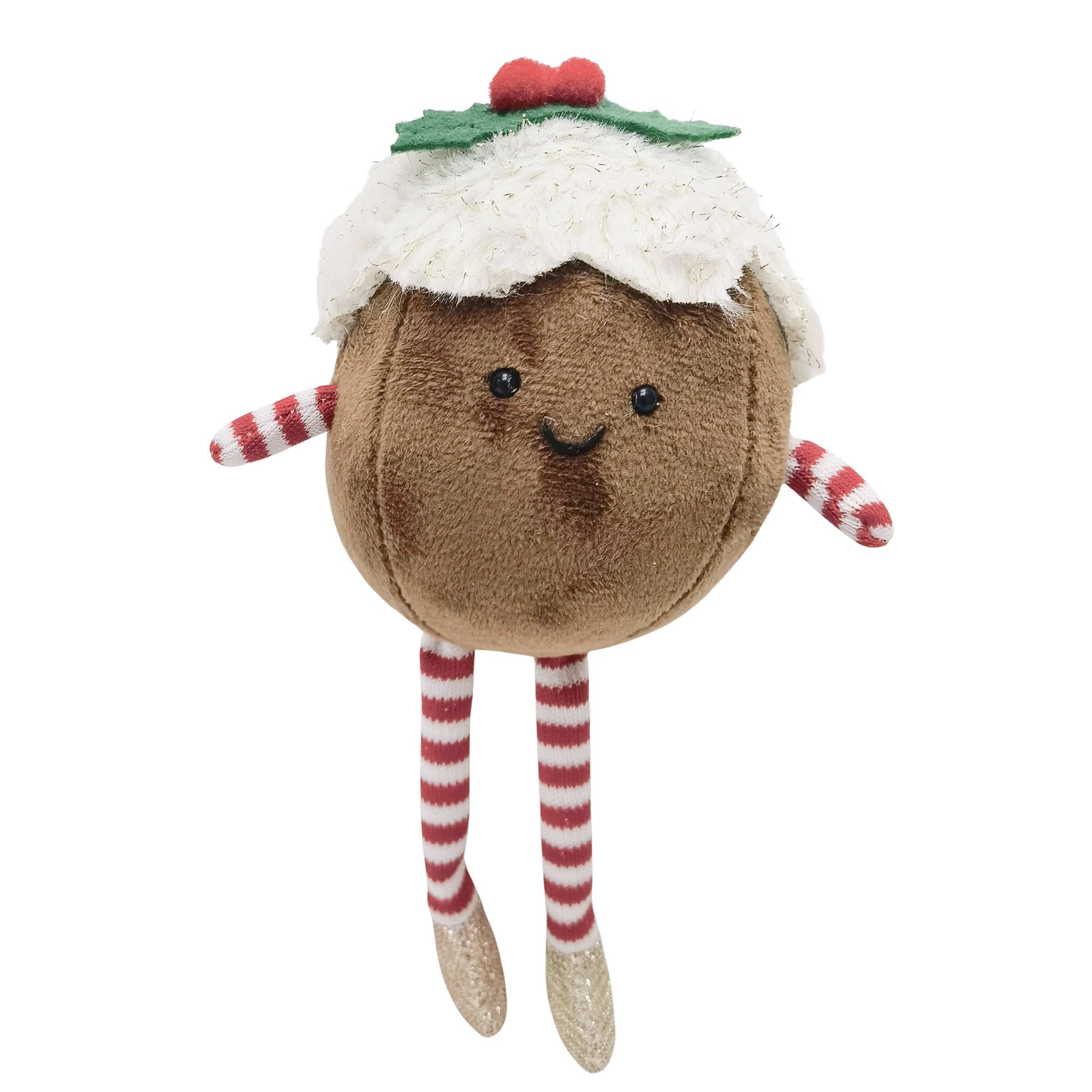 Plush toy resembling a Christmas pudding with a smiling face, striped legs, and a holly leaf on a white background.