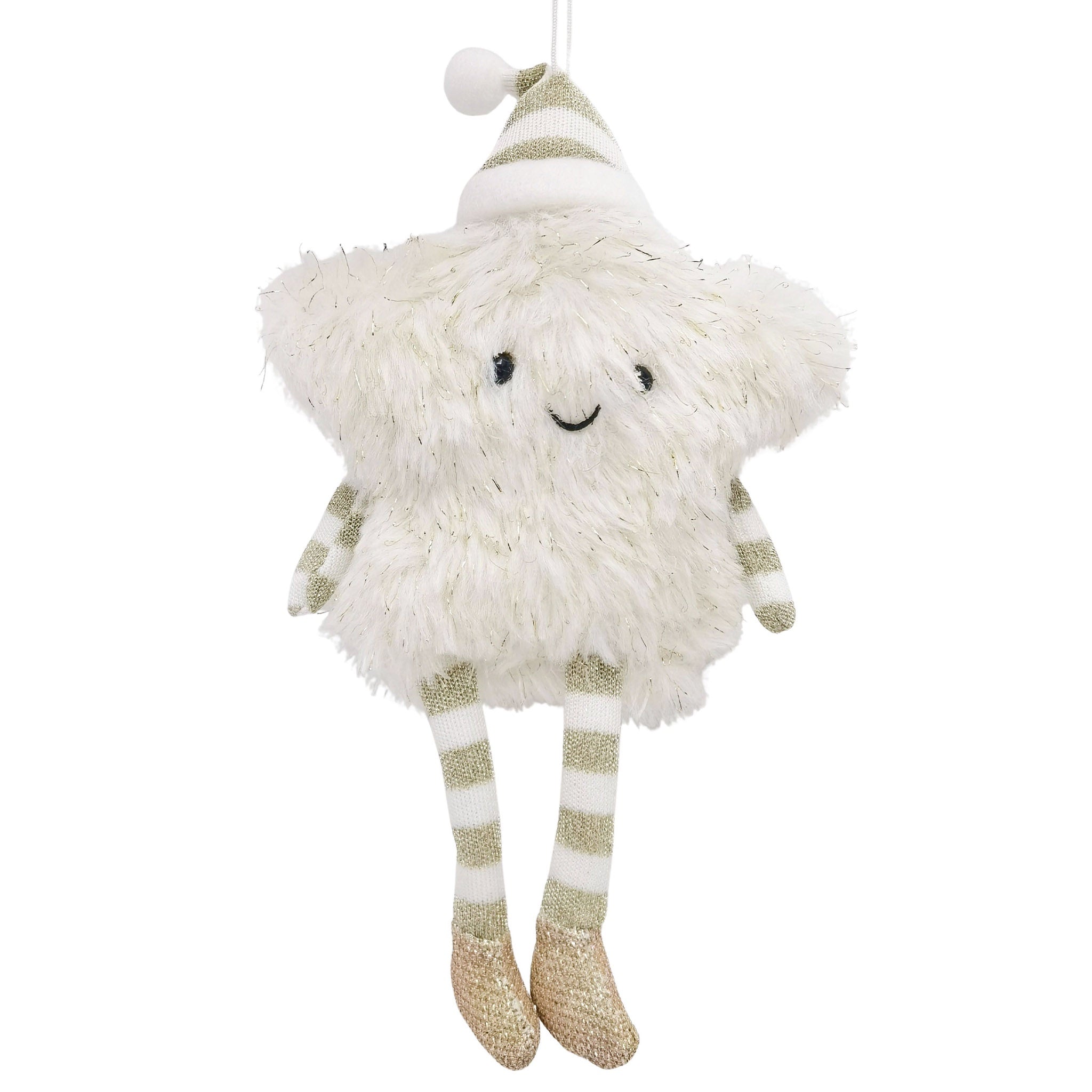 Plush toy sheep with a striped hat on a white background