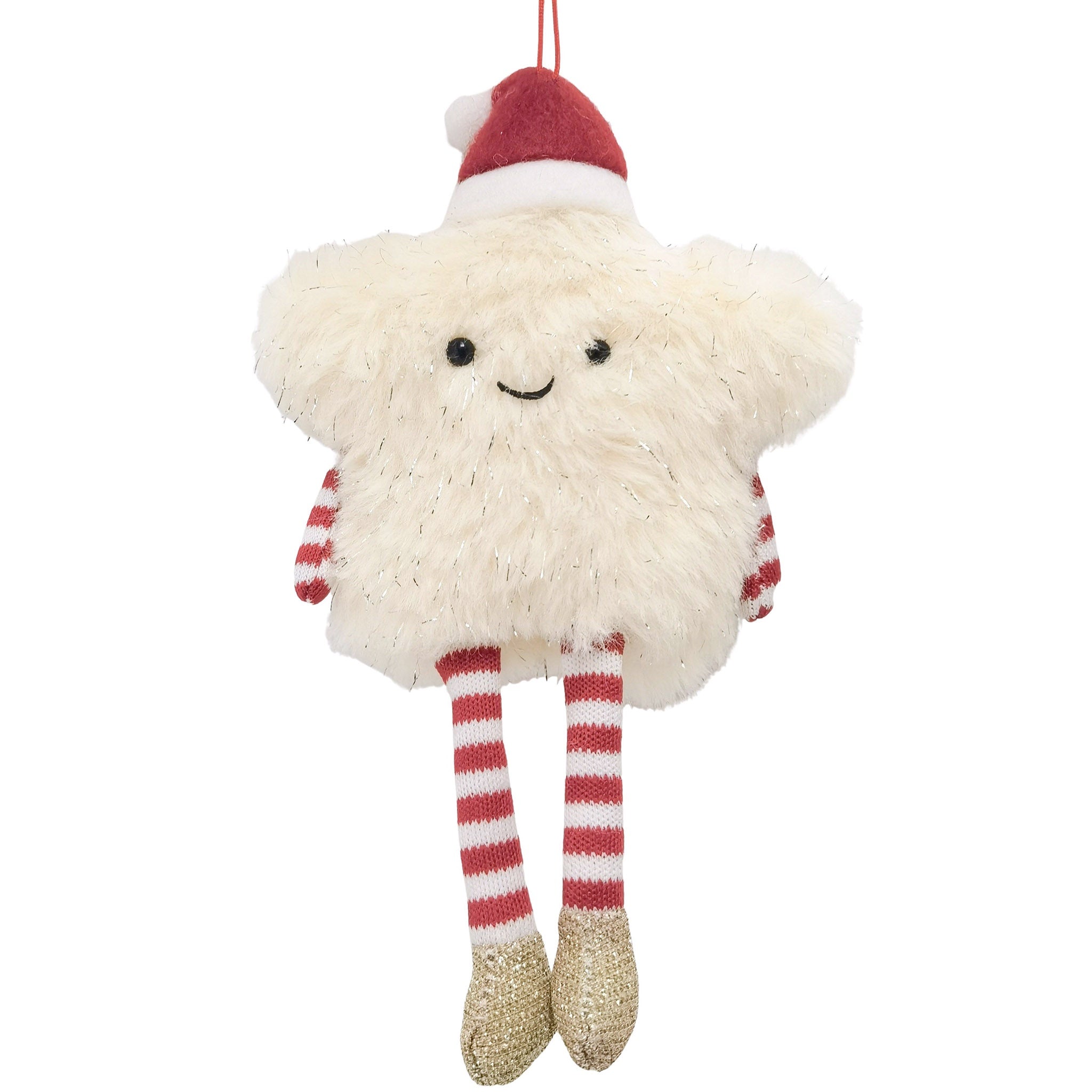 Plush cloud toy with a red Santa hat, striped legs, and a smiley face on a white background.