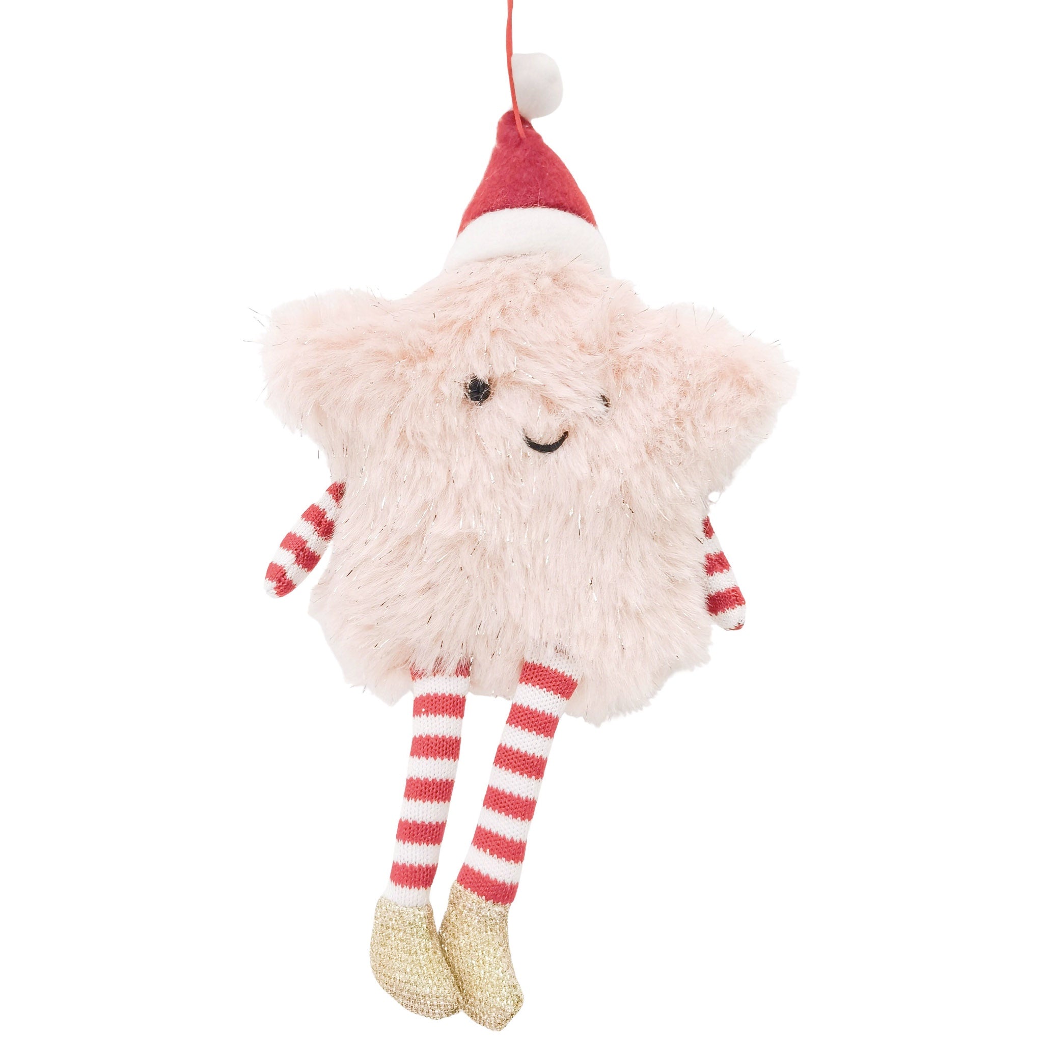 Plush toy with a Santa hat and striped legs on a white background