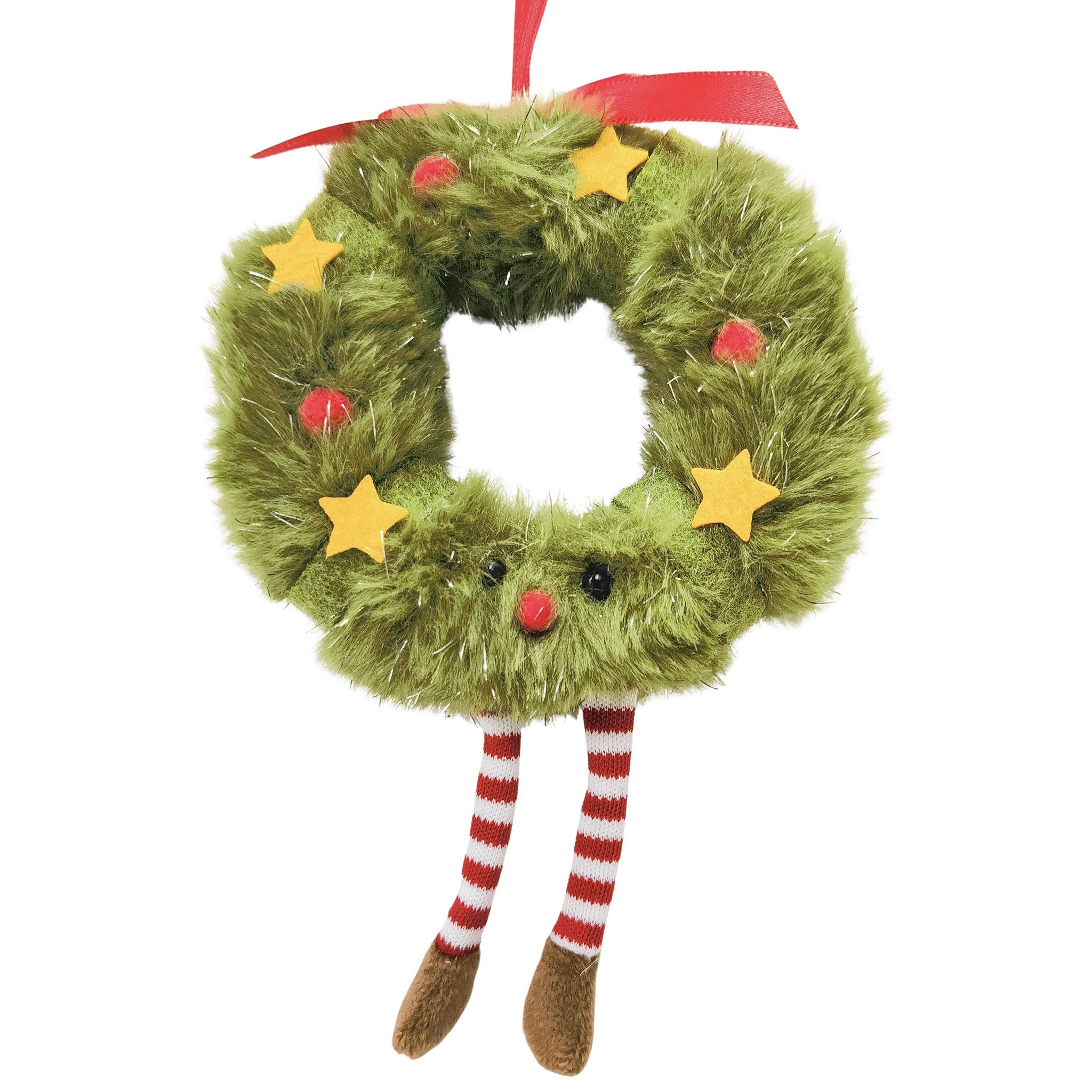 Green fuzzy wreath ornament with red nose, yellow stars, and striped legs on a white background