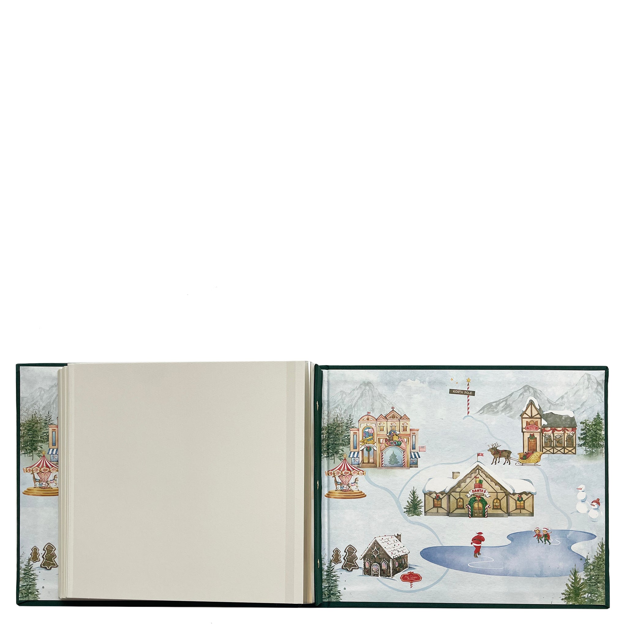 Open book with a winter scene illustration on a white background
