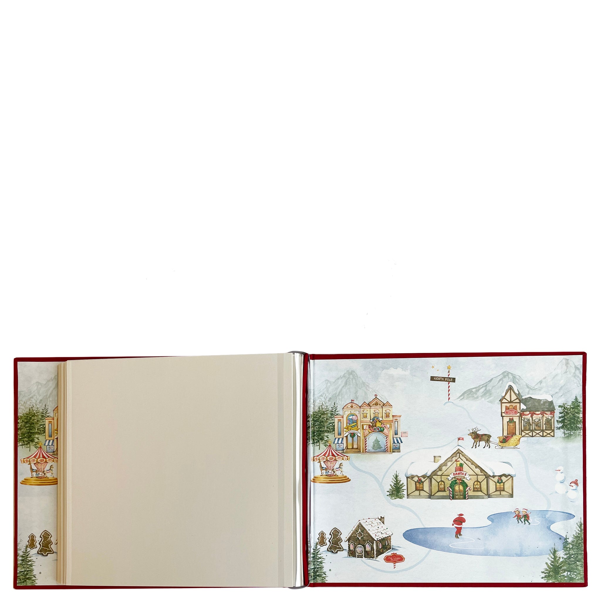 Open book with a winter village illustration on the right page and plain white page on the left.