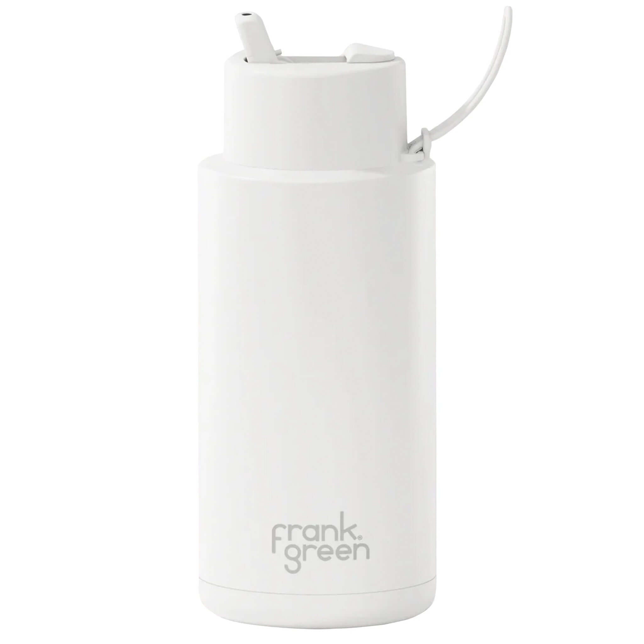 White reusable water bottle with straw on a white background, featuring the brand 'frank green'.