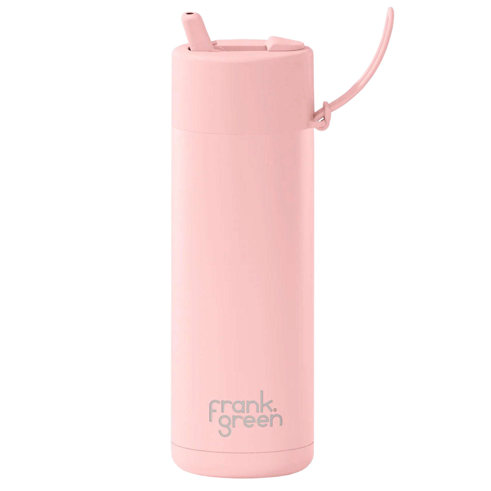 Pink reusable water bottle with straw on a white background