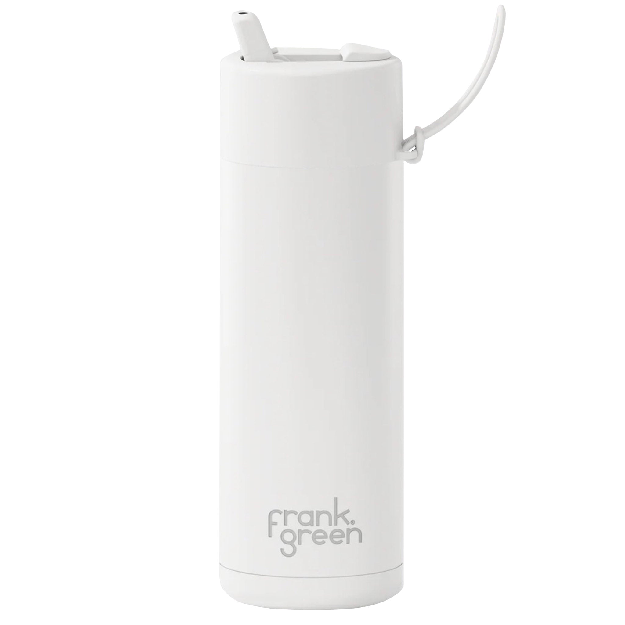 White reusable water bottle with straw on a white background, featuring the brand 'frank green'.