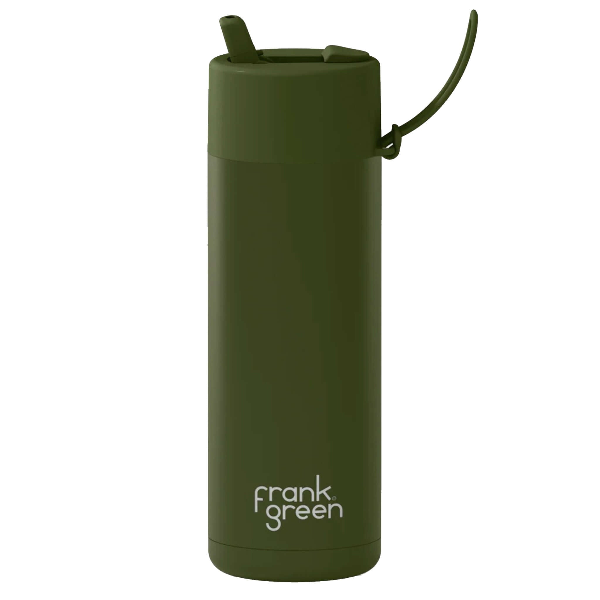 Green reusable water bottle with Frank Green logo on a white background