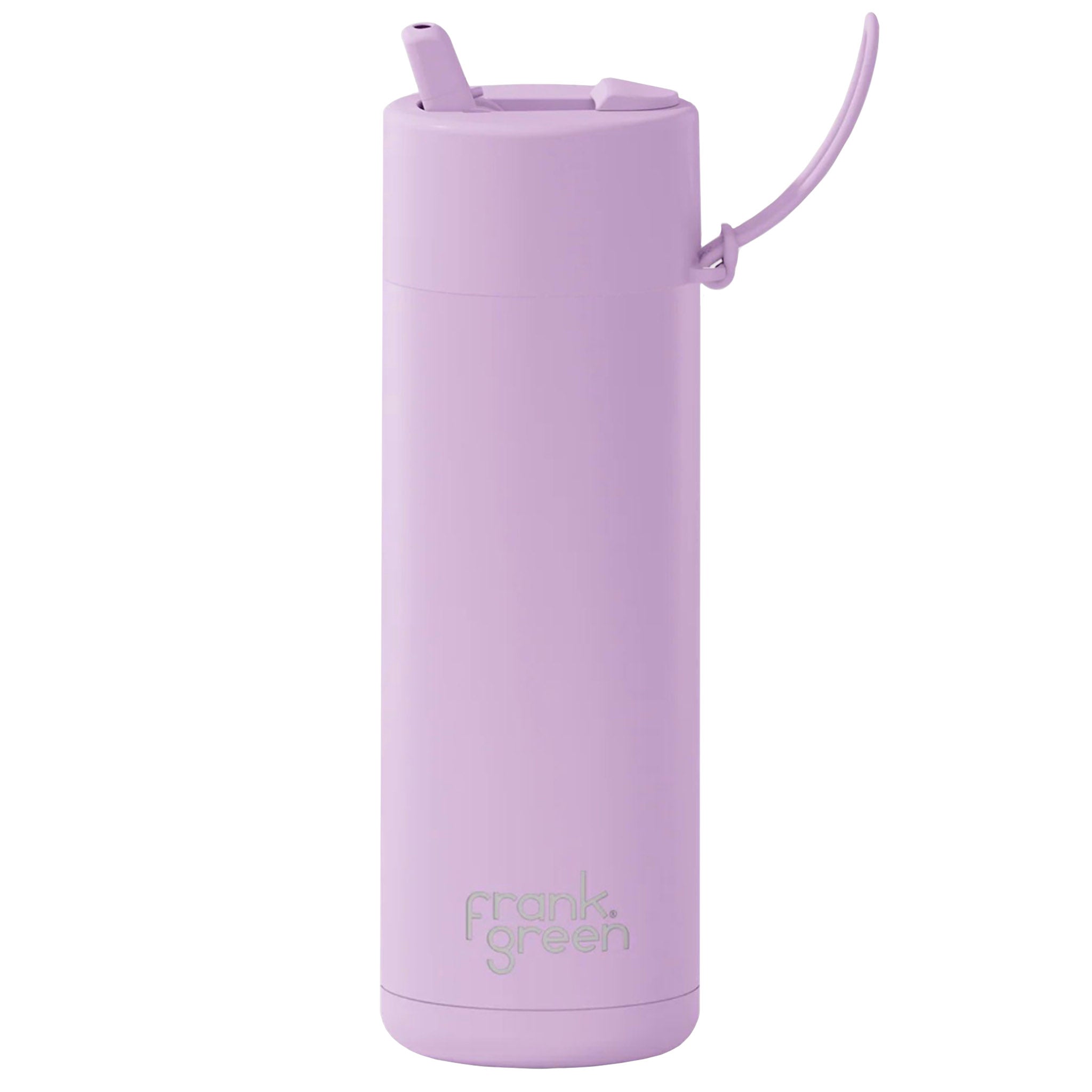 Purple reusable water bottle with straw on a white background