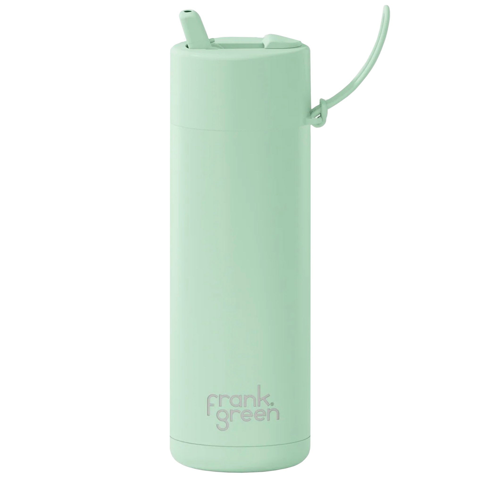 Mint green reusable water bottle with straw on a white background, featuring the brand 'frank green'.
