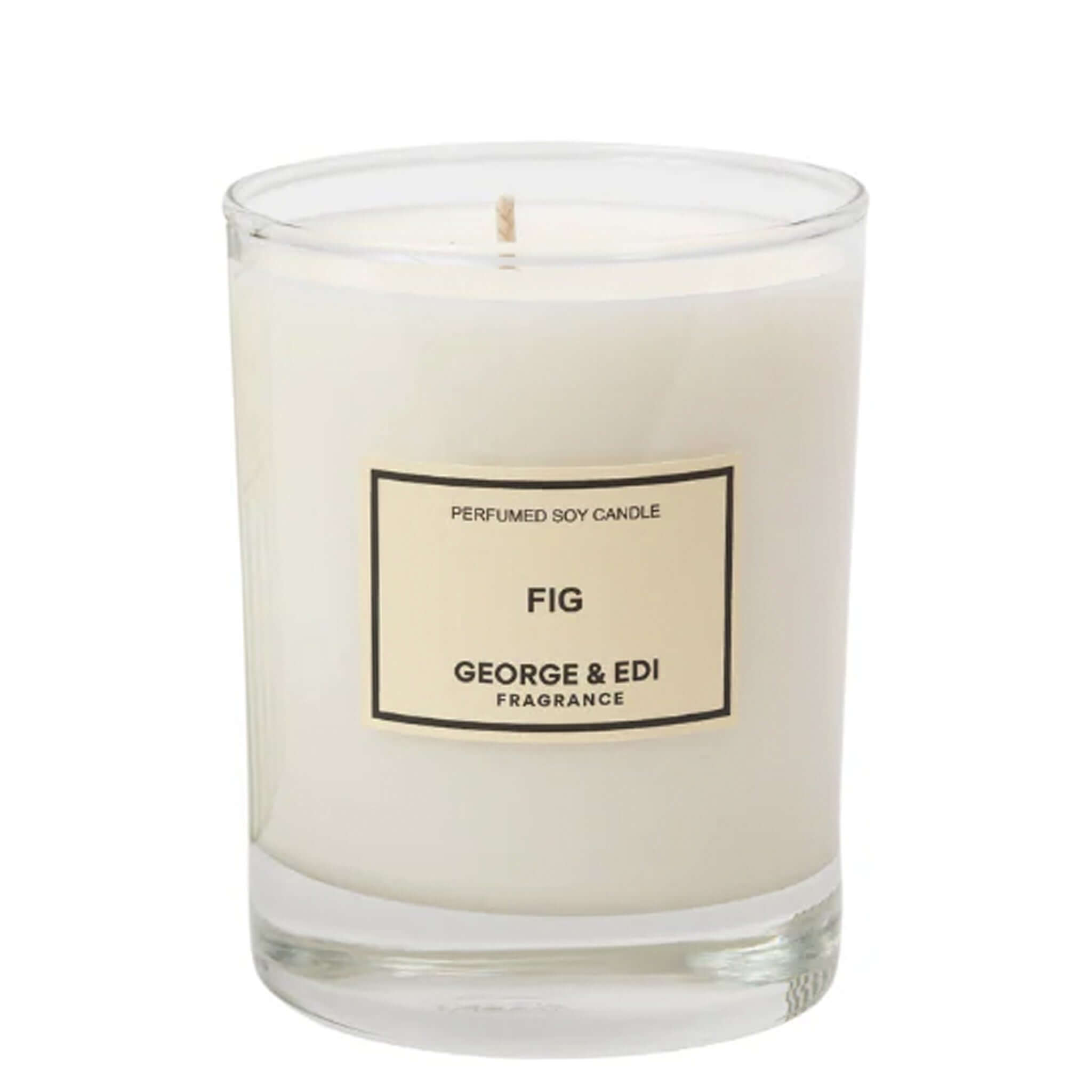 George & Edi Fragrance Candle Large - Fig in a glass jar with a cotton wick, showcasing its natural ingredients and elegant design.