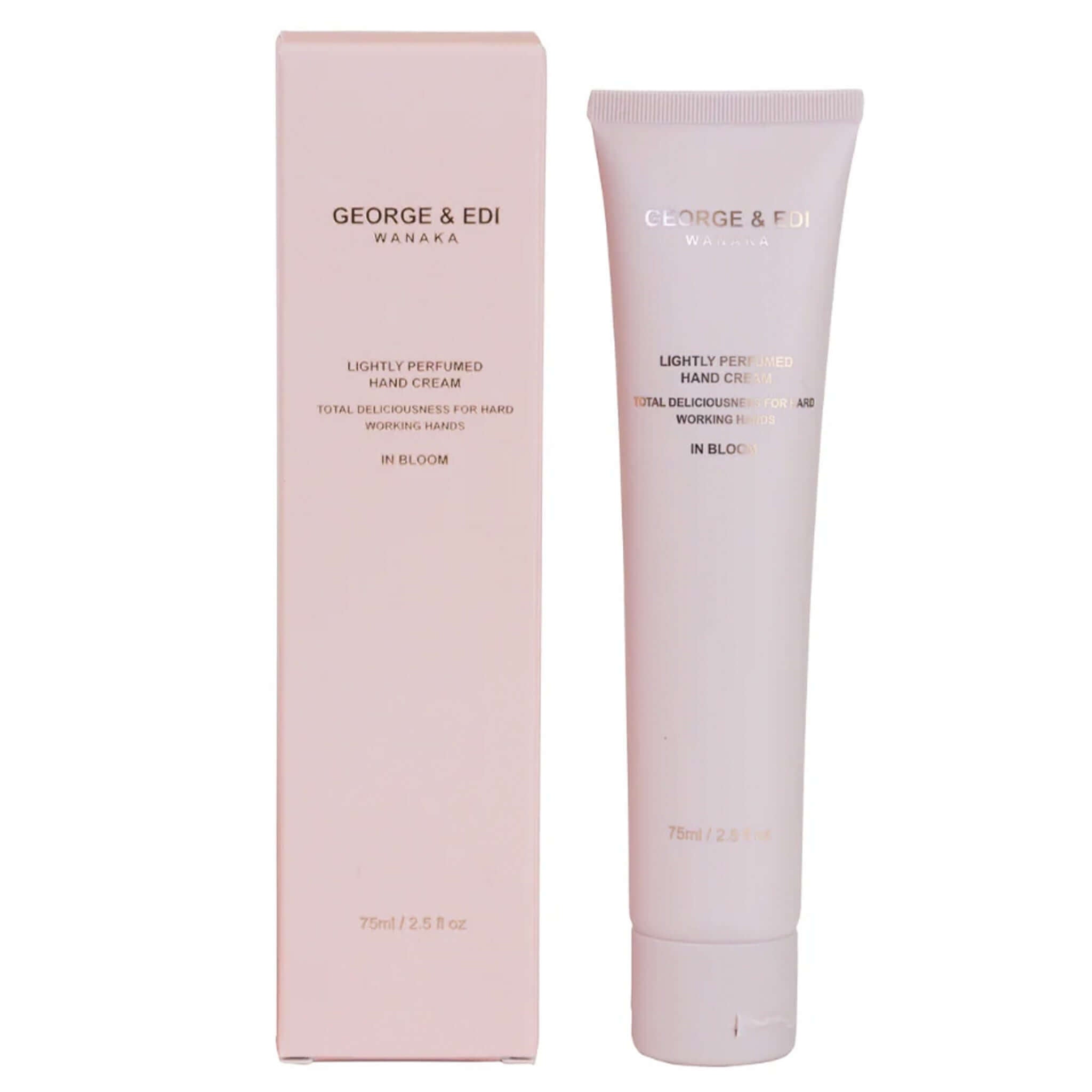 George & Edi Fragrance Hand Cream - In Bloom packaging and tube, lightly perfumed for hydrating hands.