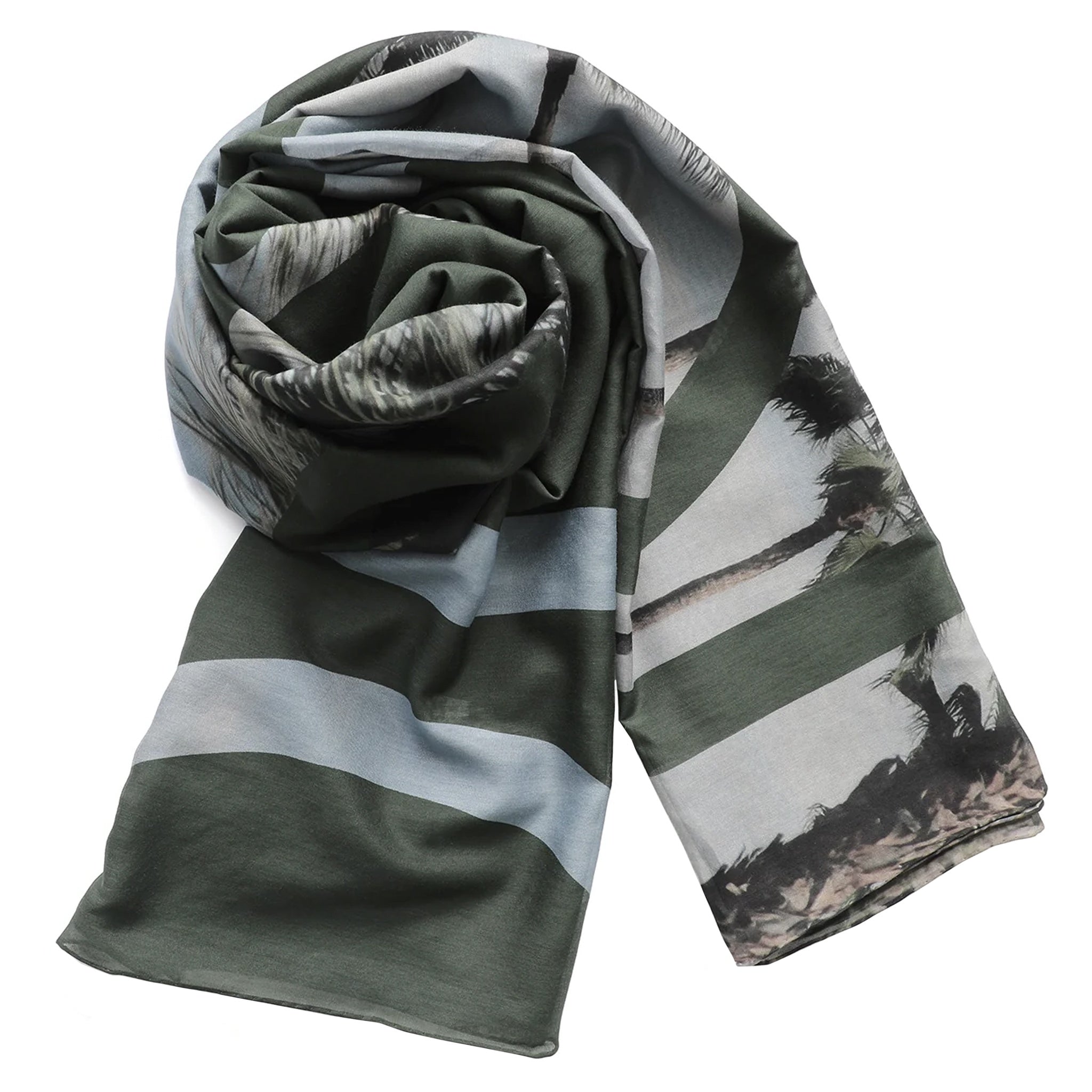 Striped scarf with green, gray, and black pattern on a white background