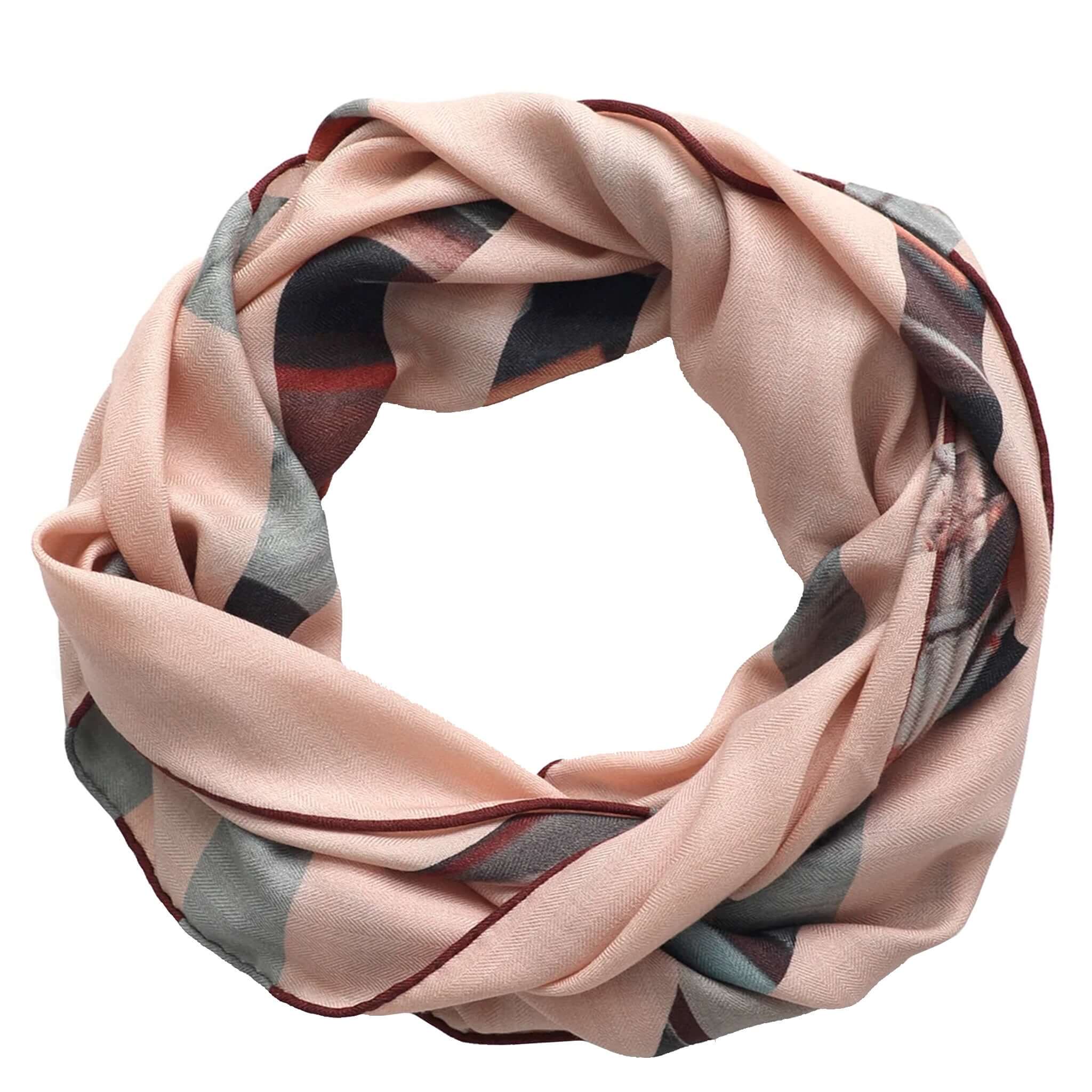 Alt Tag: Good & Co Heritage Triangle Wool & Silk Scarf - Blush oversized triangle scarf, wool-silk herringbone weave, double-sided print