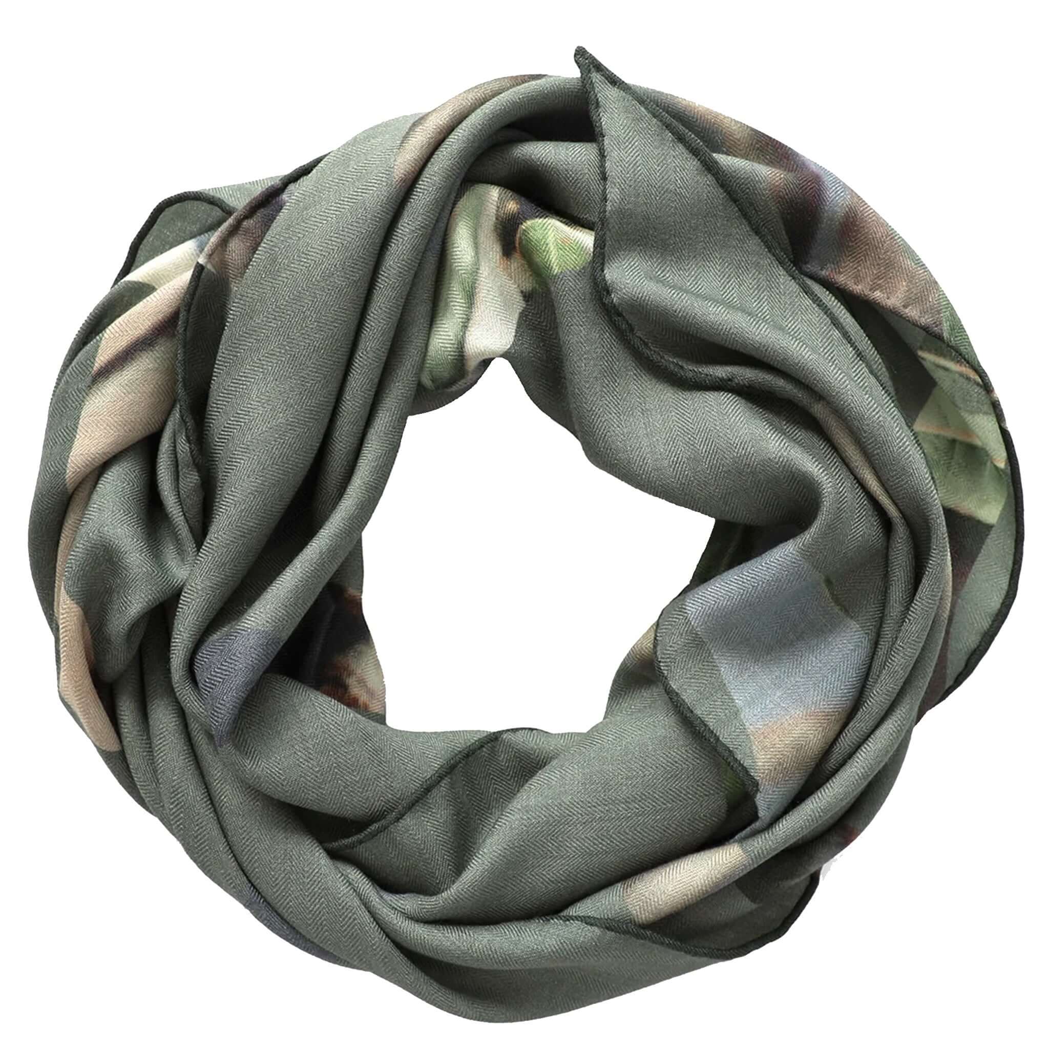 Alt Tag: Good & Co Heritage Triangle Wool & Silk Scarf - Olive oversized triangle scarf in wool-silk herringbone weave with heritage logo print