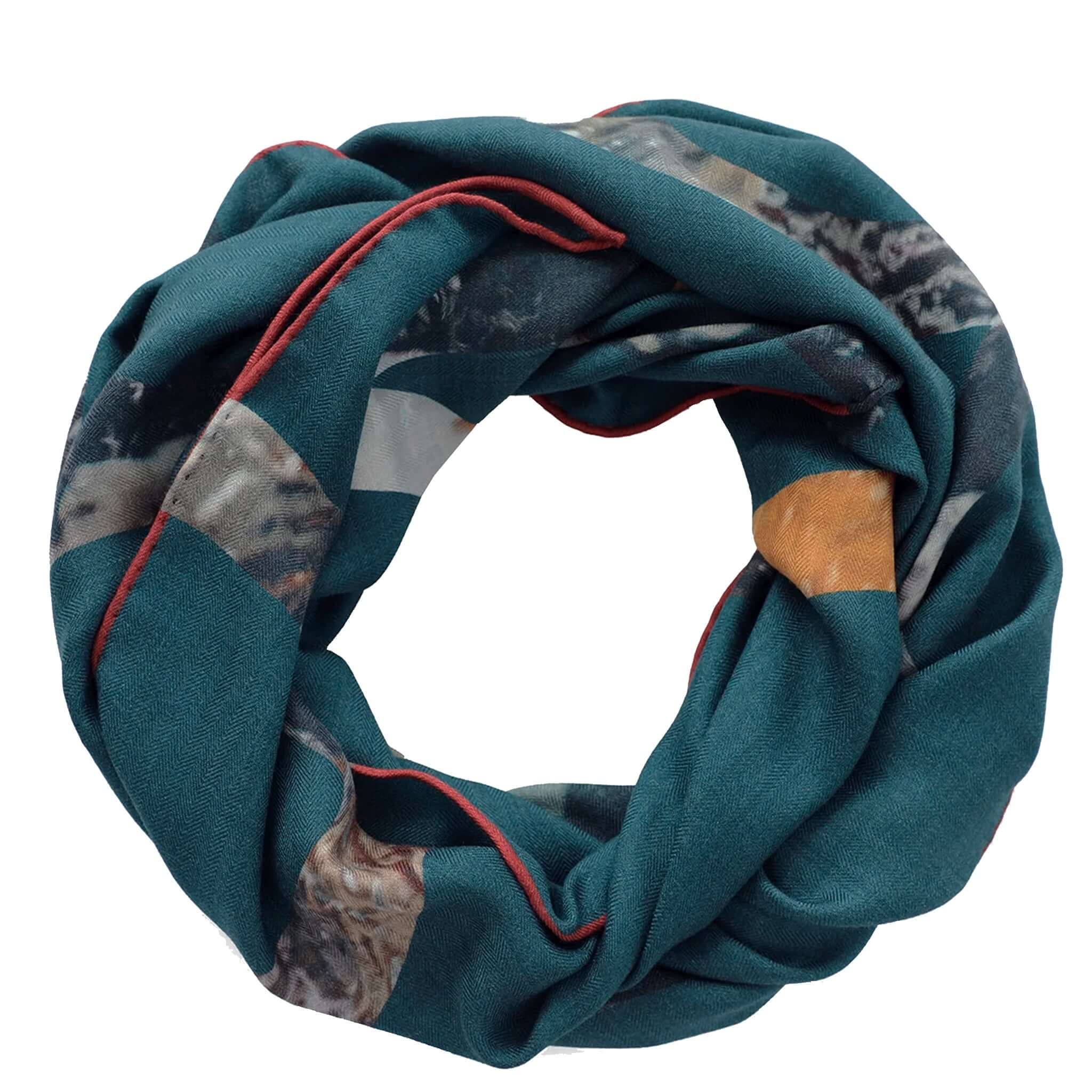 Alt Tag: Good & Co Heritage Triangle Wool & Silk Scarf - Petrol oversized petrol triangle scarf, wool-silk herringbone, double-sided print, hand-rolled hem