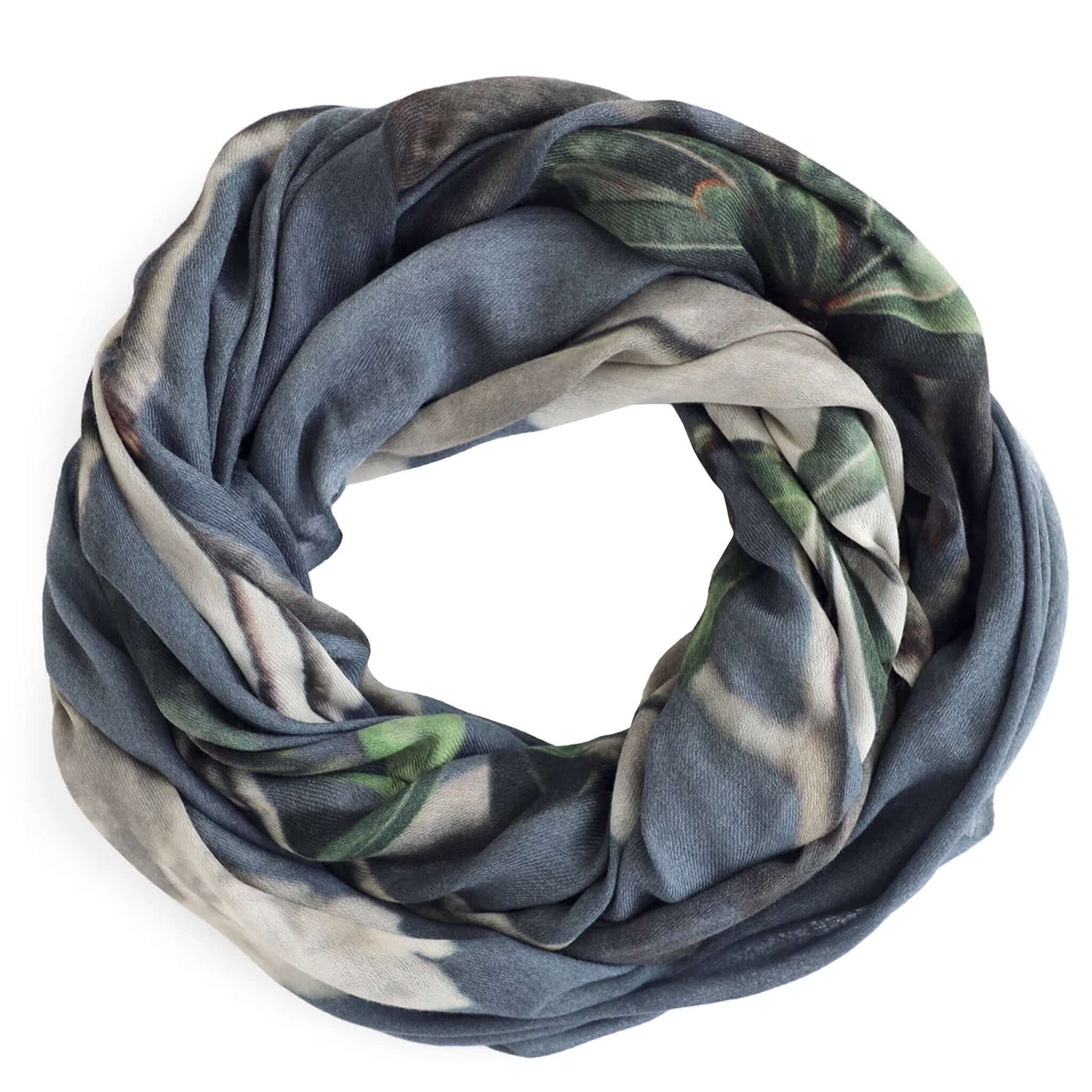 Alt Tag: Good & Co Oversized Wool  & Silk Scarf - Island Rose oversized wool and silk scarf with island rose print, soft draped loop
