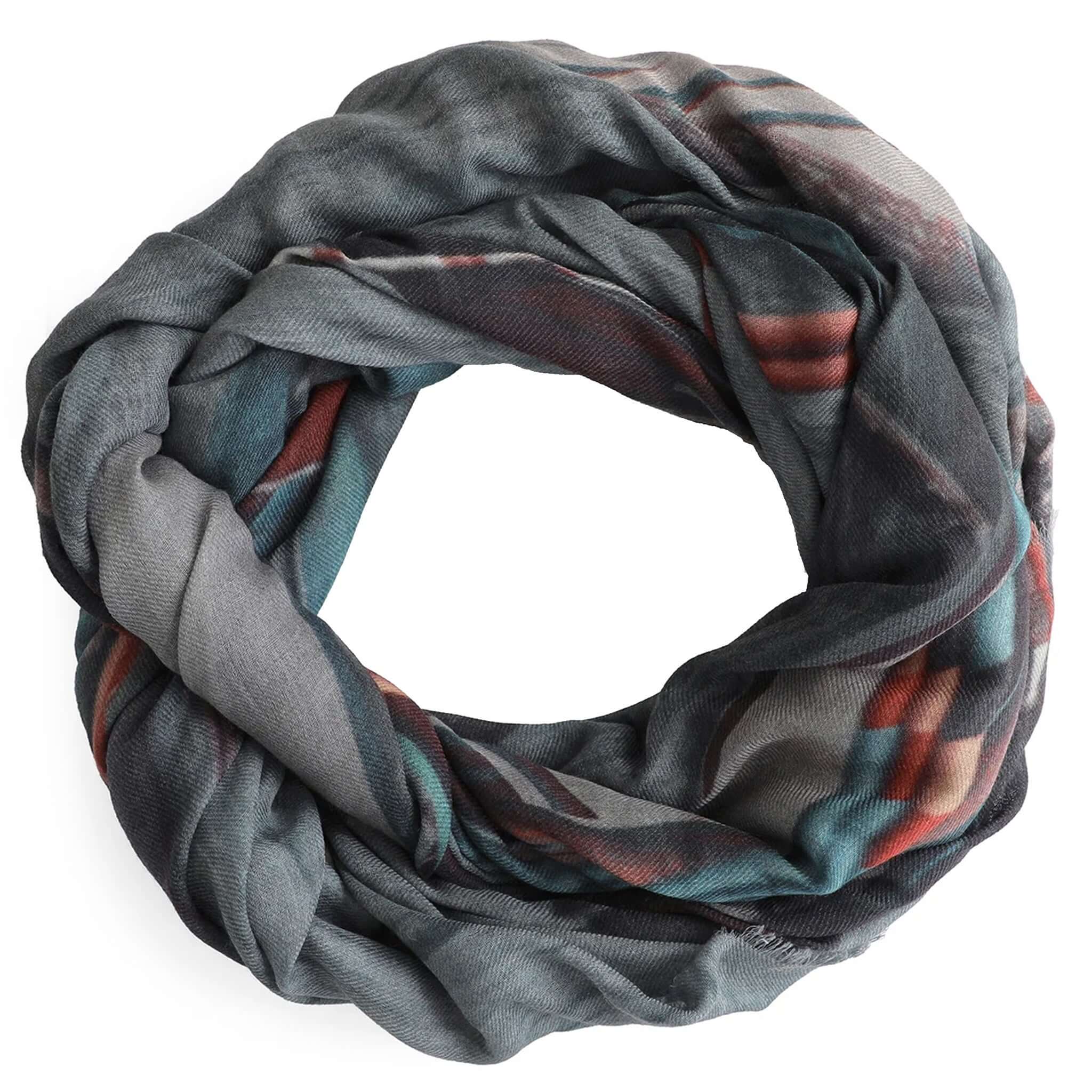 Good & Co Oversized Wool & Silk  Scarf - Jukung Boats oversized wool silk scarf in grey with teal and rust boat-inspired pattern