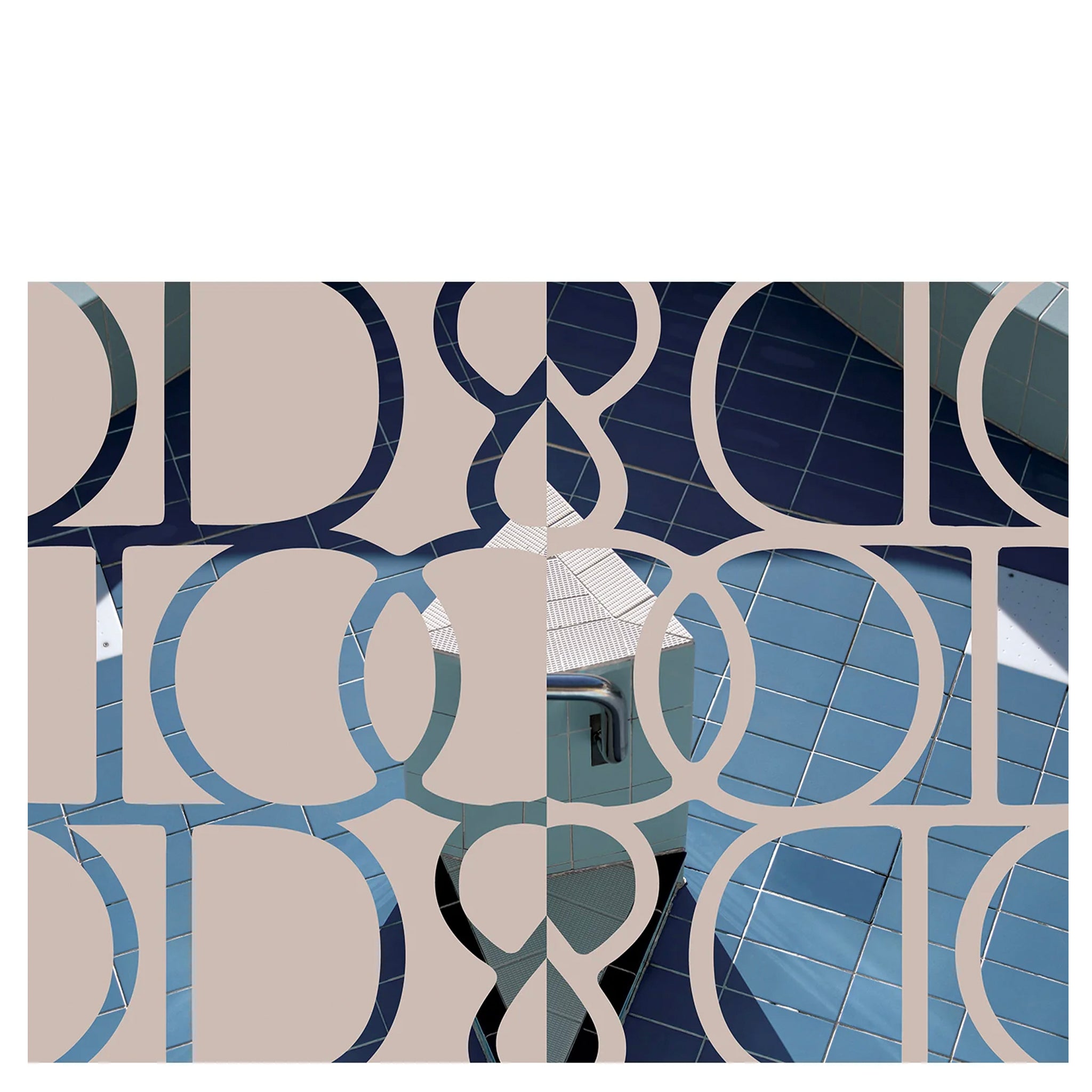 Patterned tiles in beige, blue, and gray on a white background