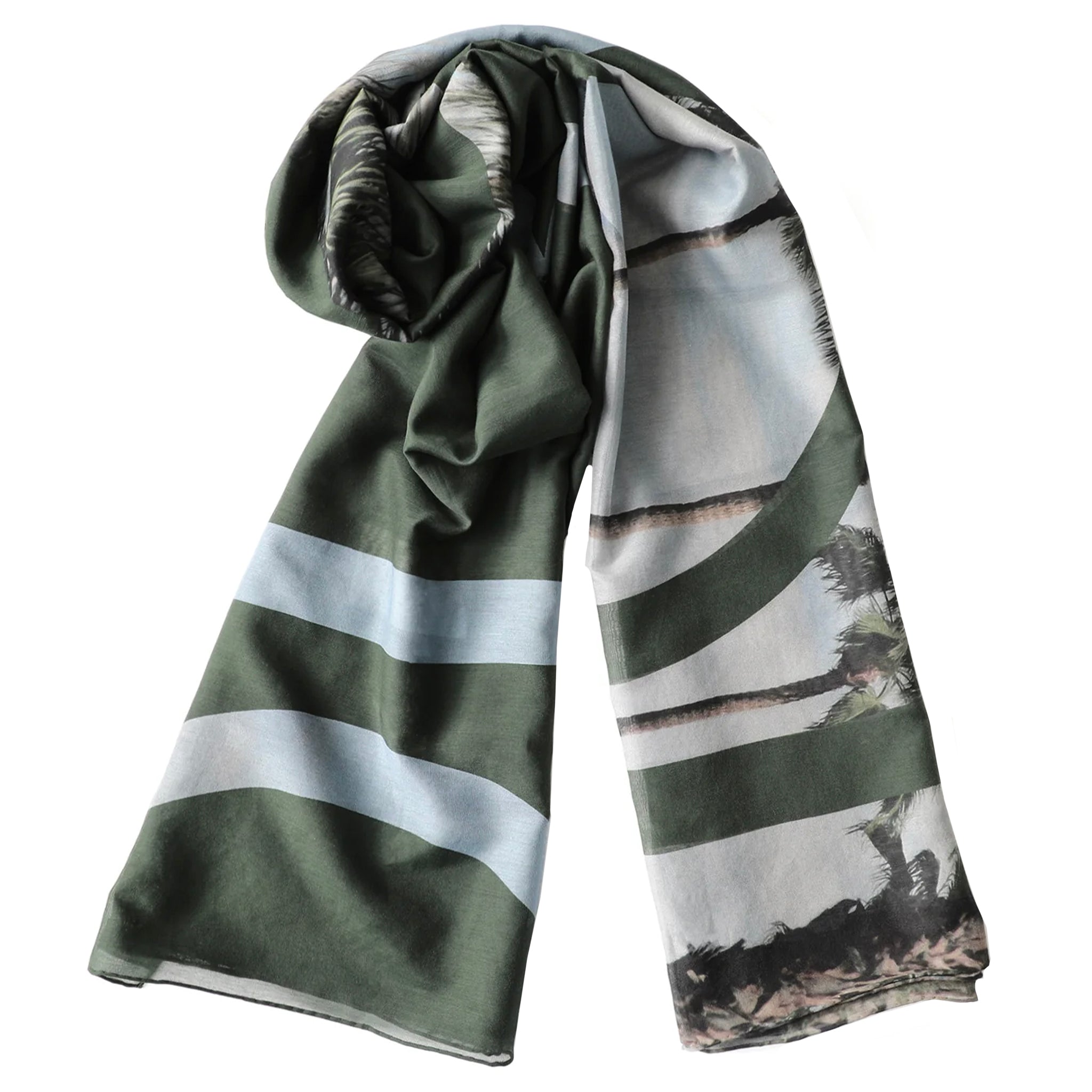 Scarf with a design of trees and stripes on a white background