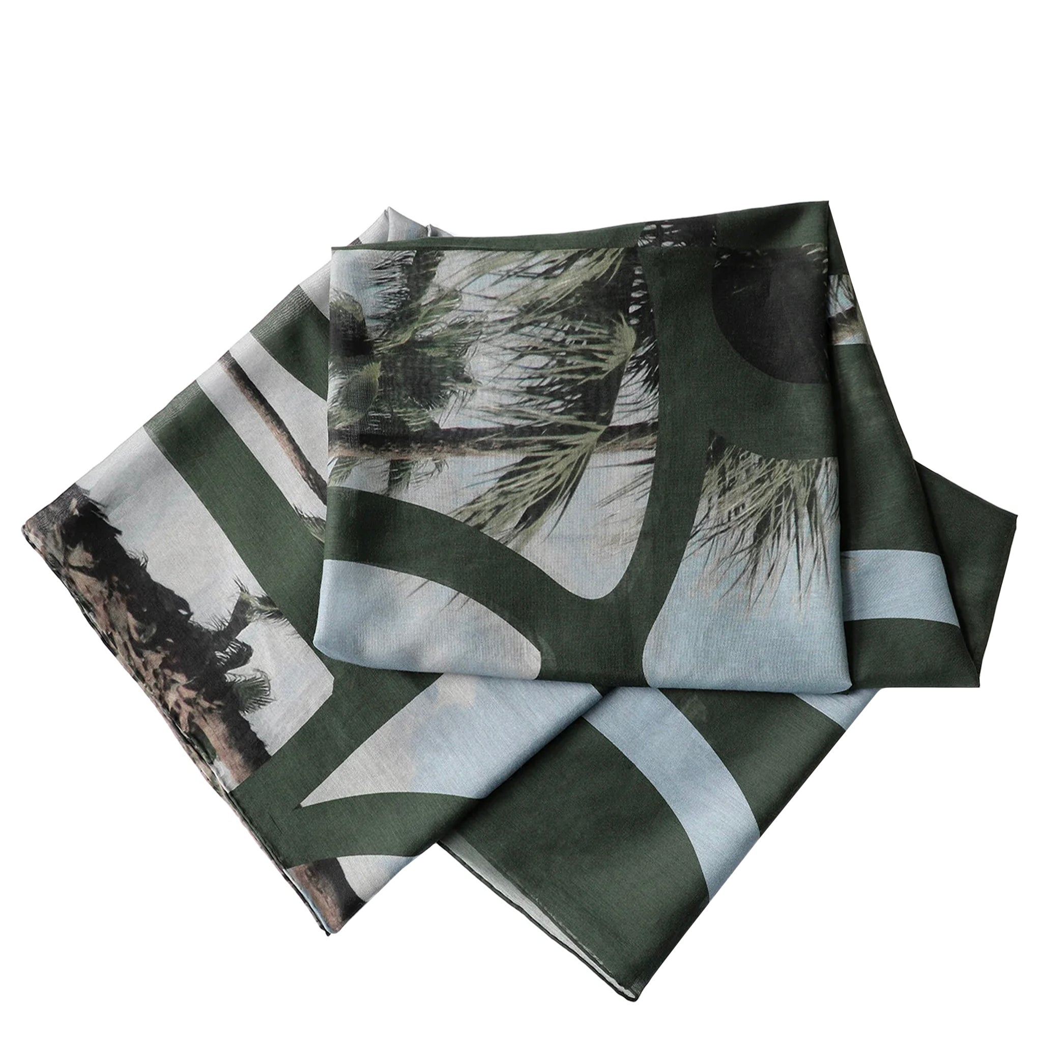 Folded sarong with abstract green and gray pattern on a white background