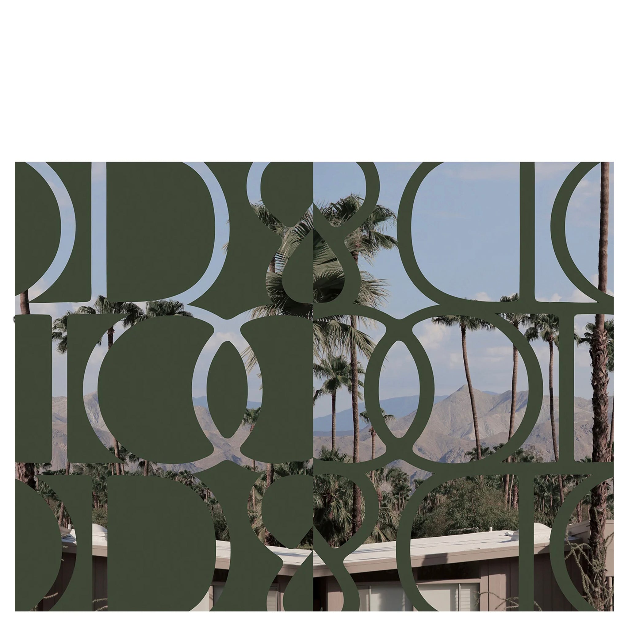 Decorative sarong with palm trees and mountains in the background