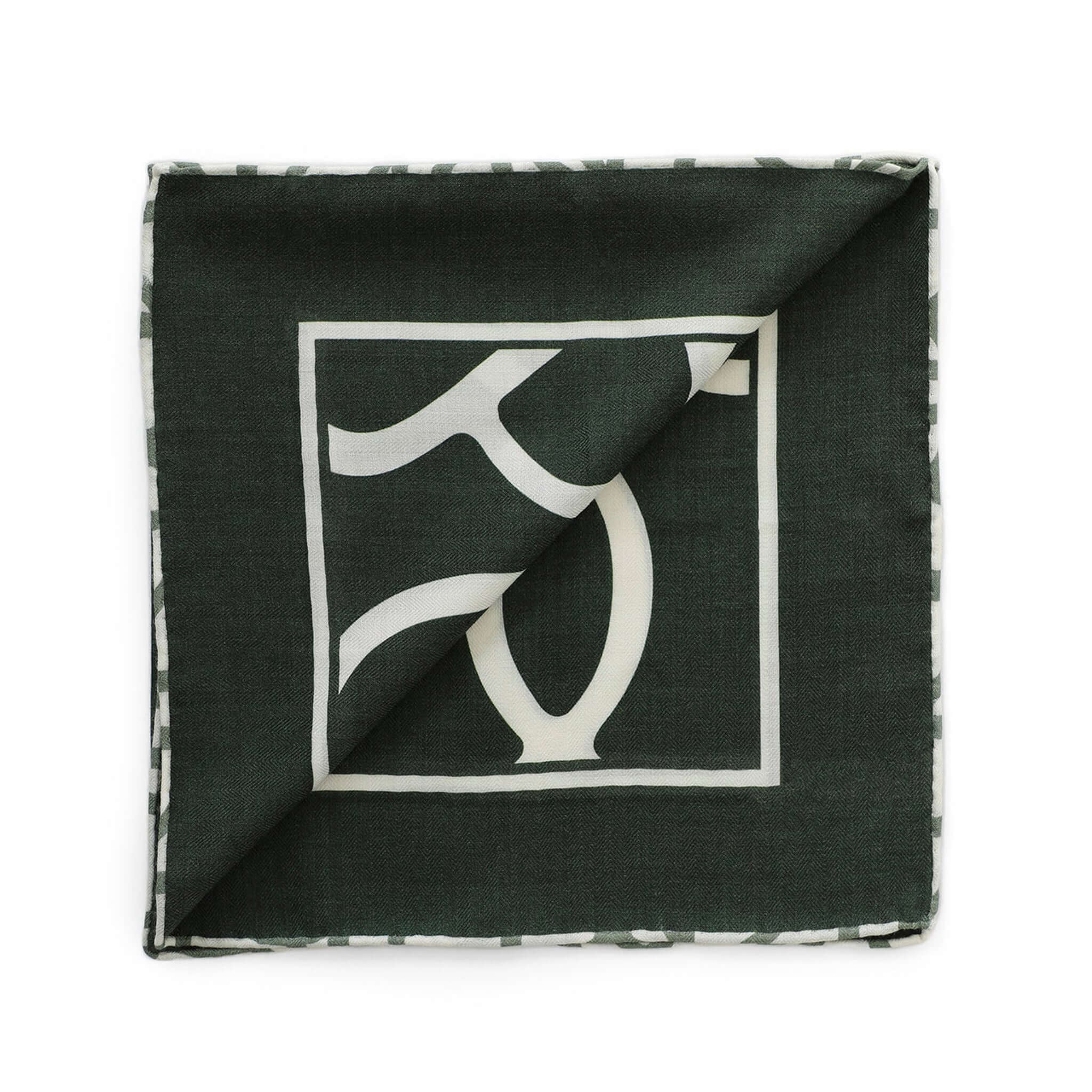 Alt Tag: Good & Co Heritage Neckerchief Wool & Silk Scarf - Forest dark green herringbone neck square with white print, double-sided finish