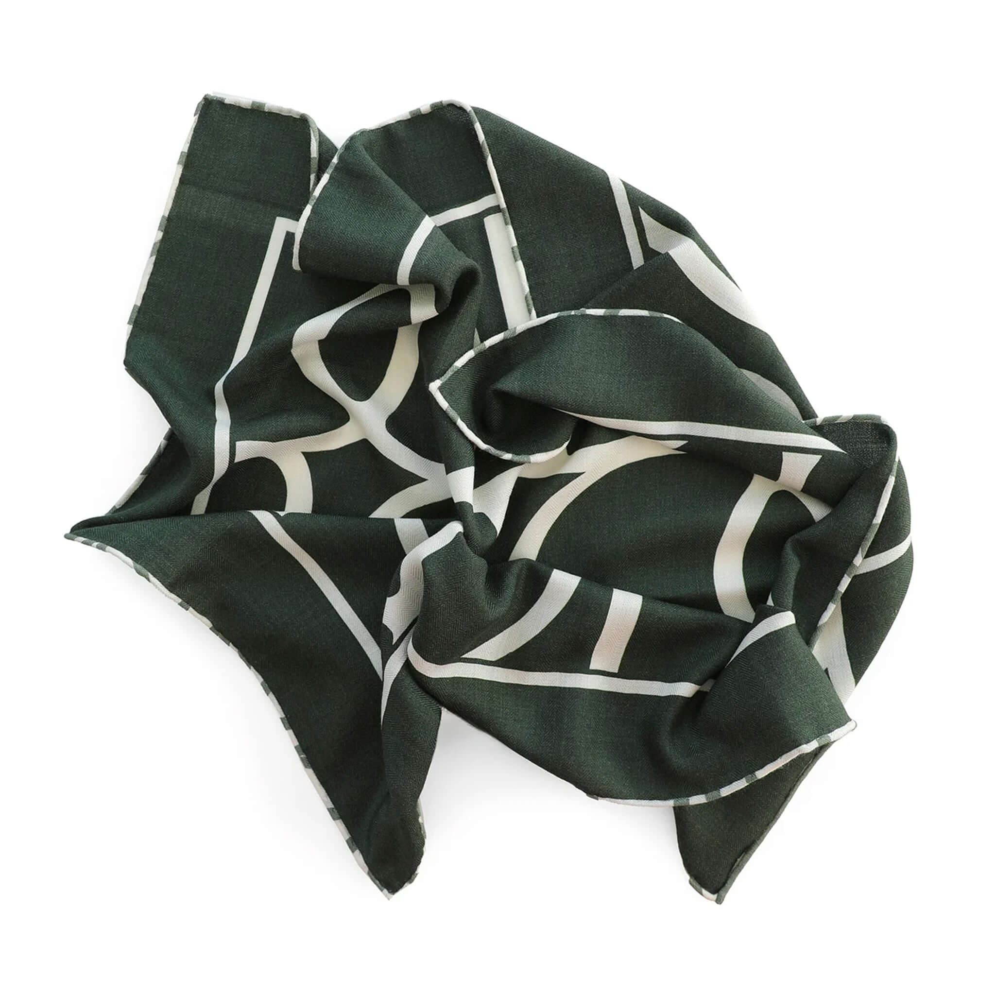 Alt Tag: Good & Co Heritage Neckerchief Wool & Silk Scarf - Forest dark green herringbone neck square with geometric print