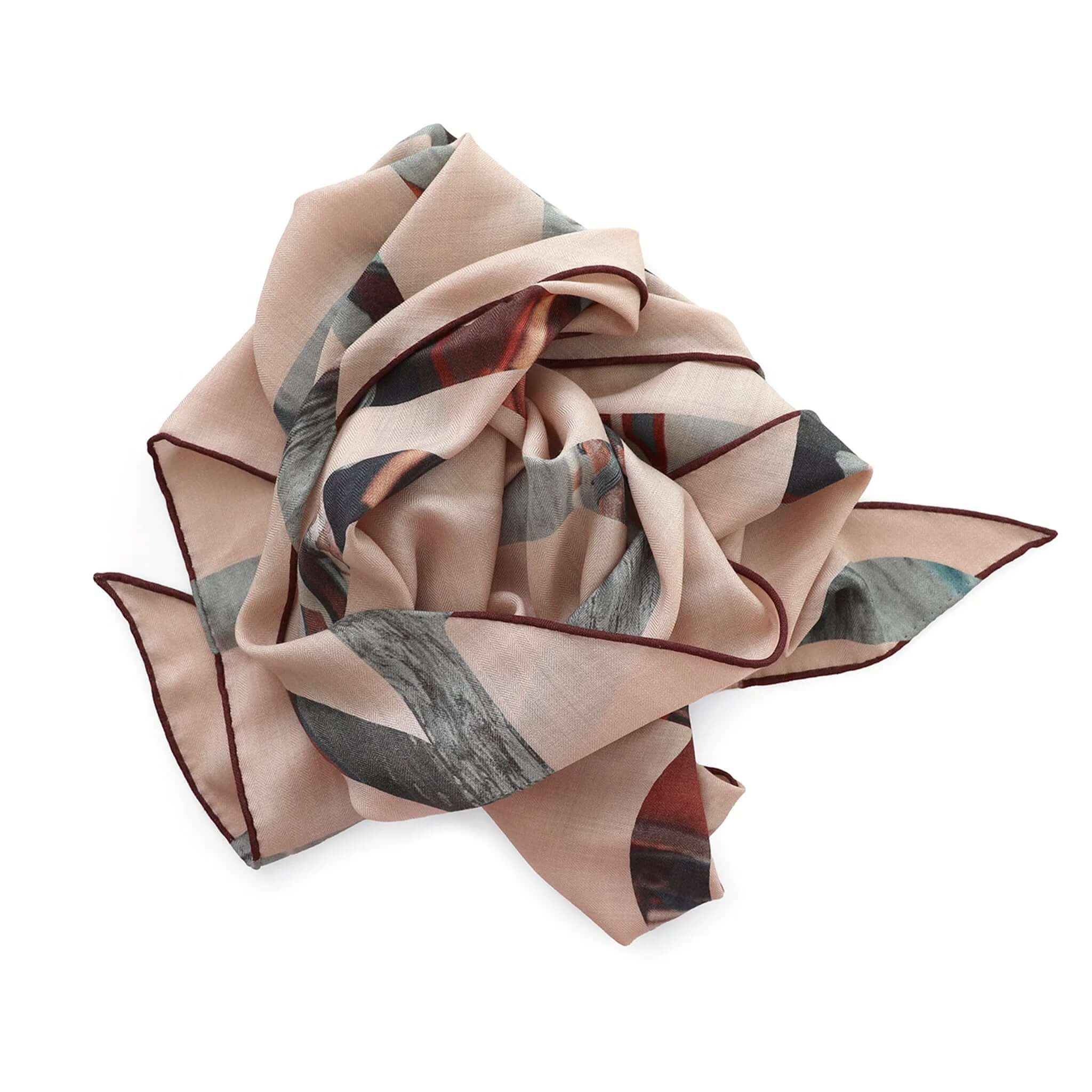 Good & Co Heritage Triangle Wool & Silk Scarf - Blush oversized triangle scarf, wool-silk herringbone weave, double-sided print, hand-rolled hem
