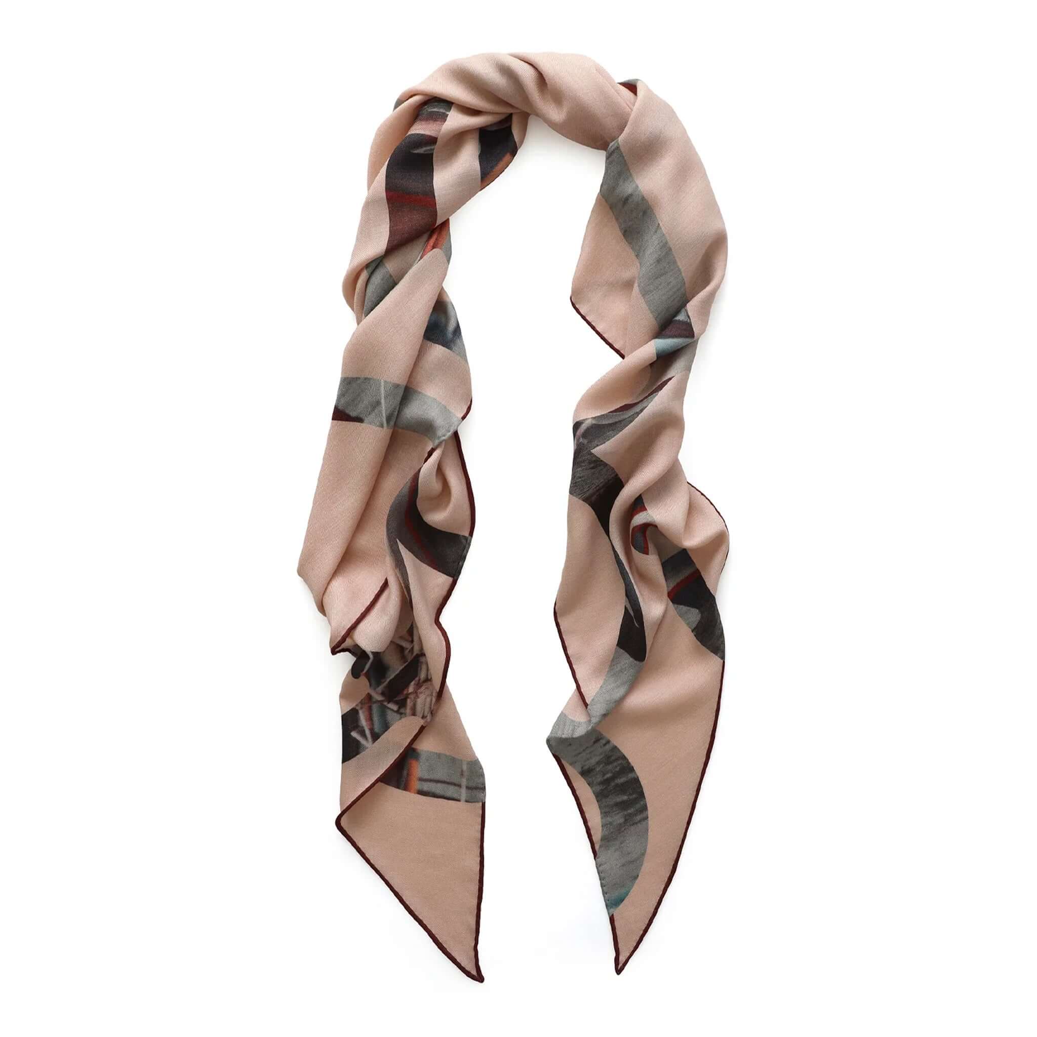 Alt Tag: Good & Co Heritage Triangle Wool & Silk Scarf - Blush oversized blush triangle scarf with heritage logo print, wool-silk herringbone