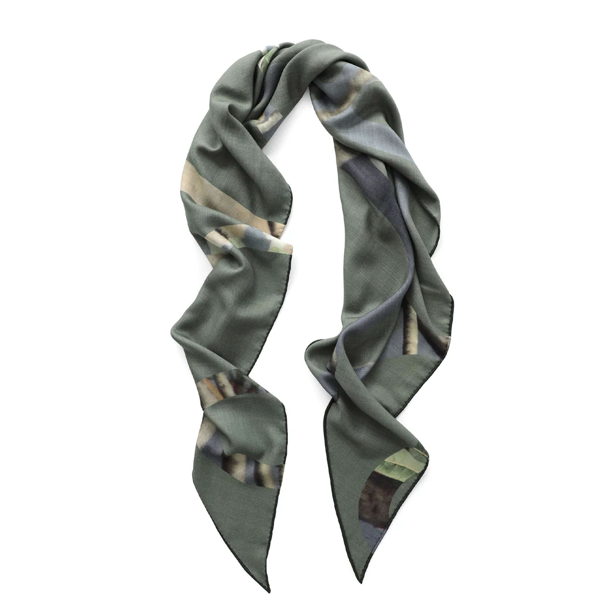Alt Tag: Good & Co Heritage Triangle Wool & Silk Scarf - Olive oversized triangle scarf, wool-silk herringbone weave, double-sided print