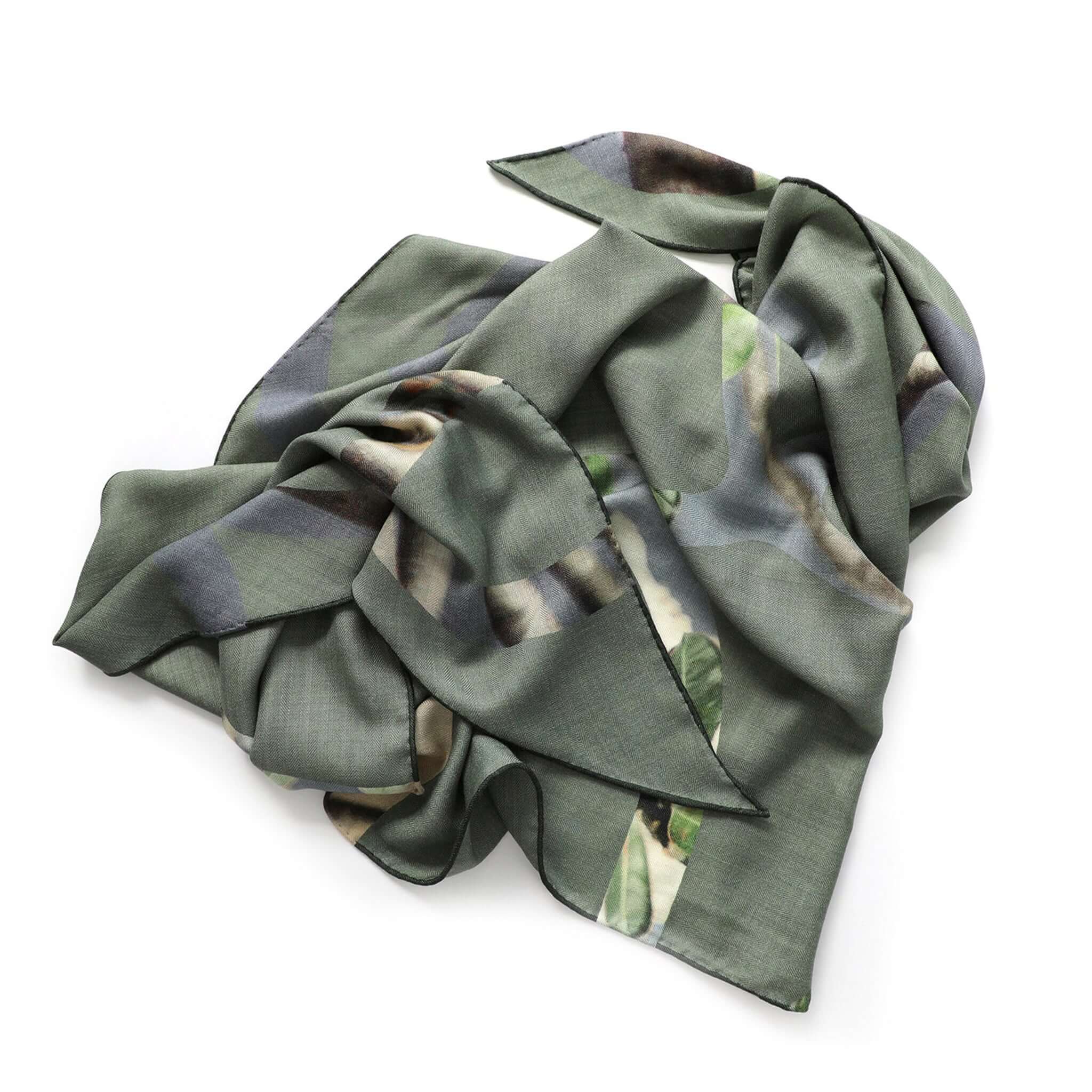 Alt Tag: Good & Co Heritage Triangle Wool & Silk Scarf - Olive oversized triangle scarf in olive wool-silk herringbone weave, heritage print
