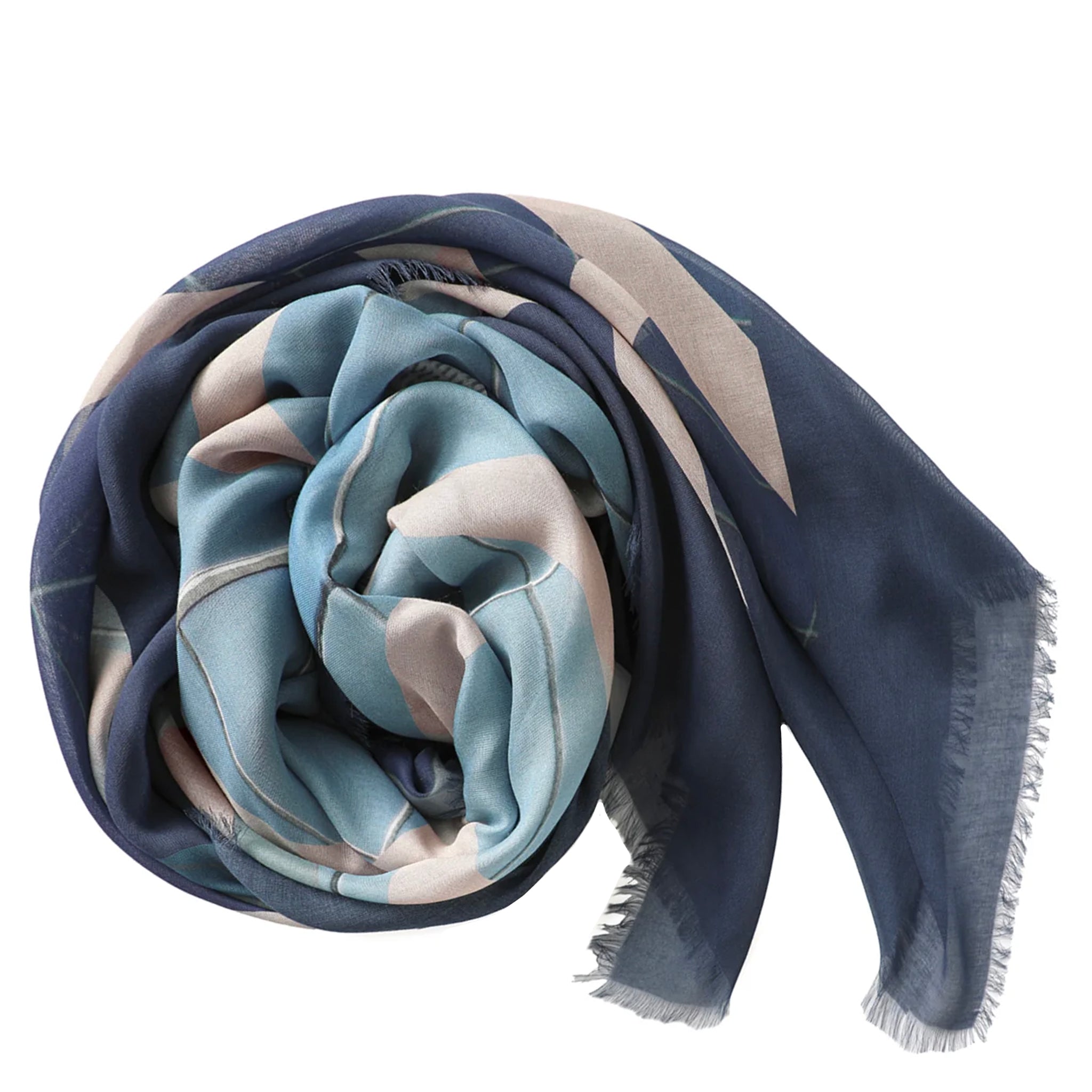 Folded scarf with blue and beige pattern on a white background