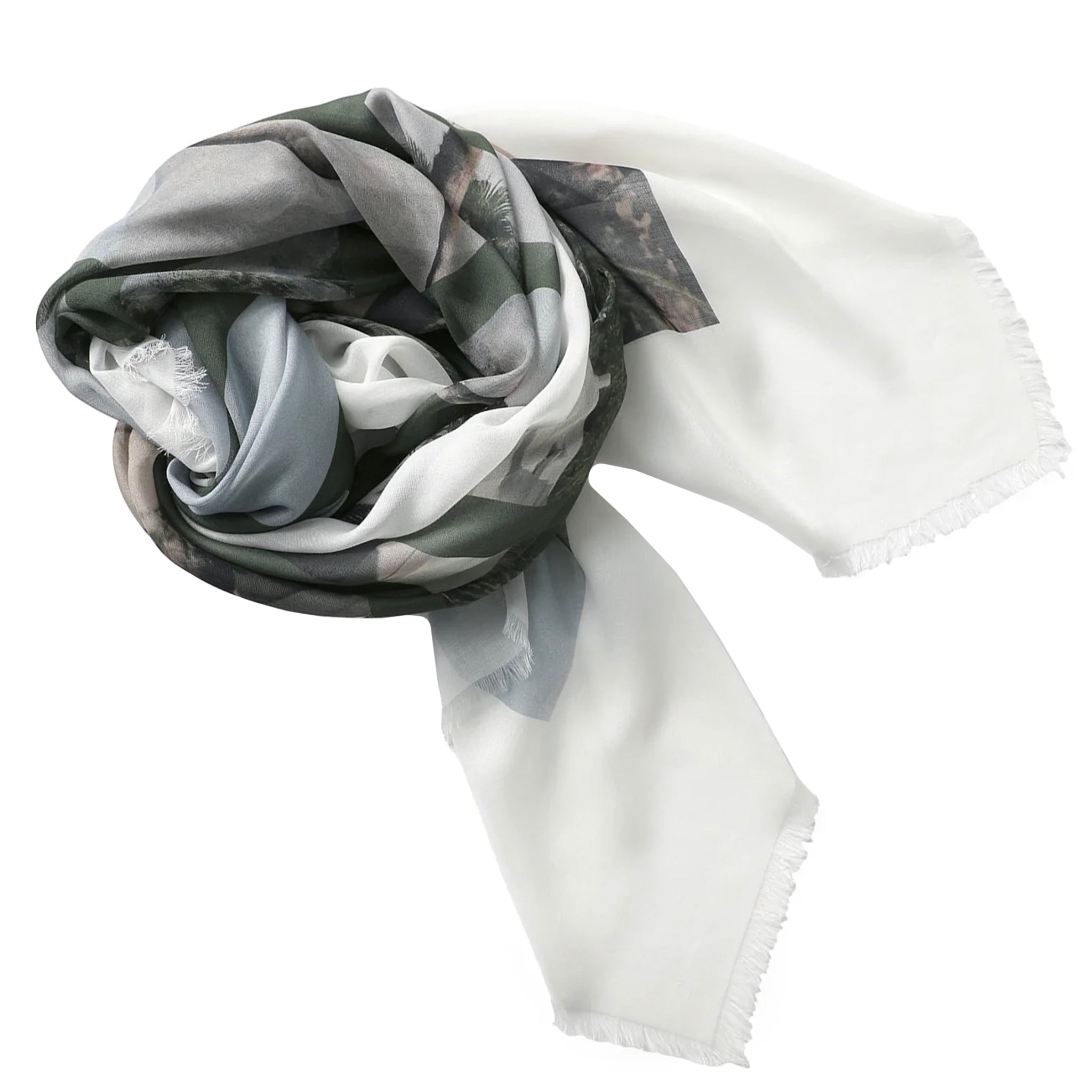 Gray and white patterned scarf on a white background