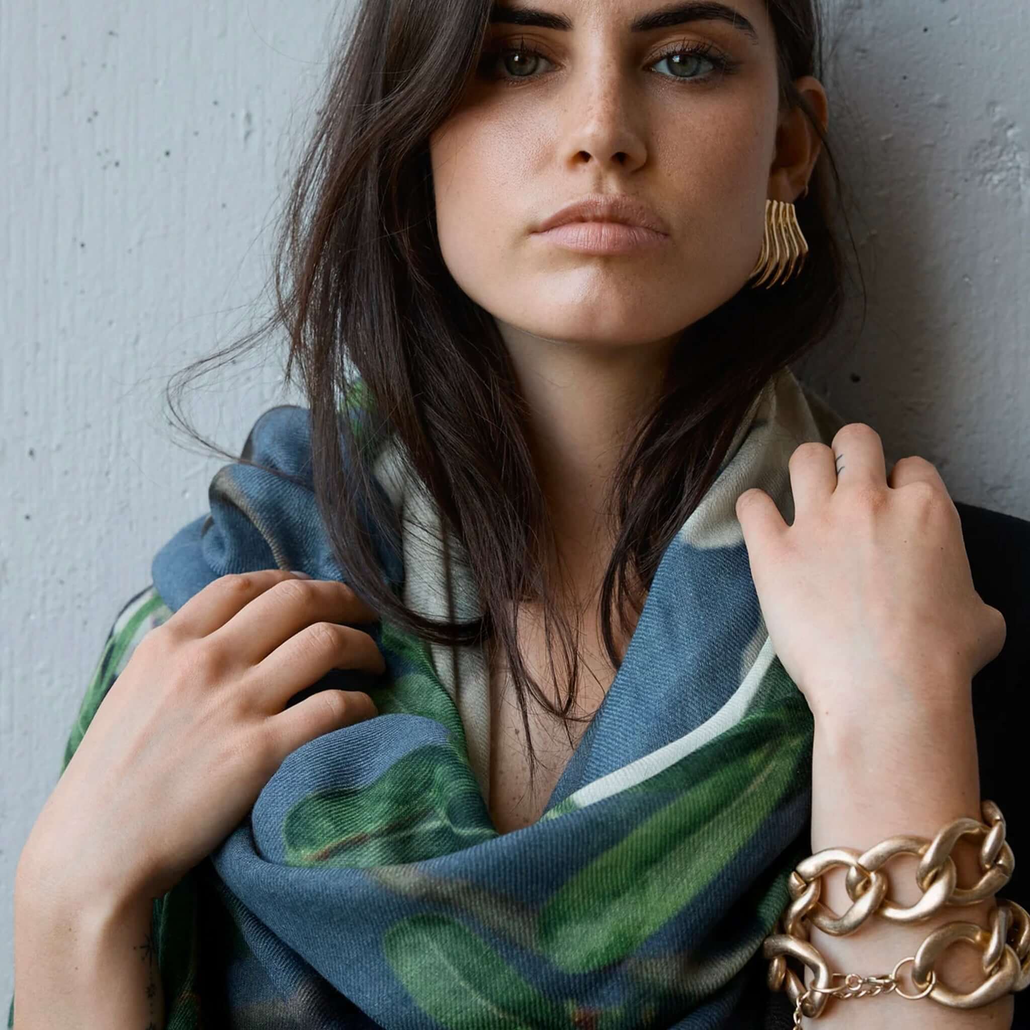 Alt Tag: Good & Co Oversized Wool & Silk  Scarf - Jukung Boats worn as a soft oversized wrap, lightweight warm wool-silk layer