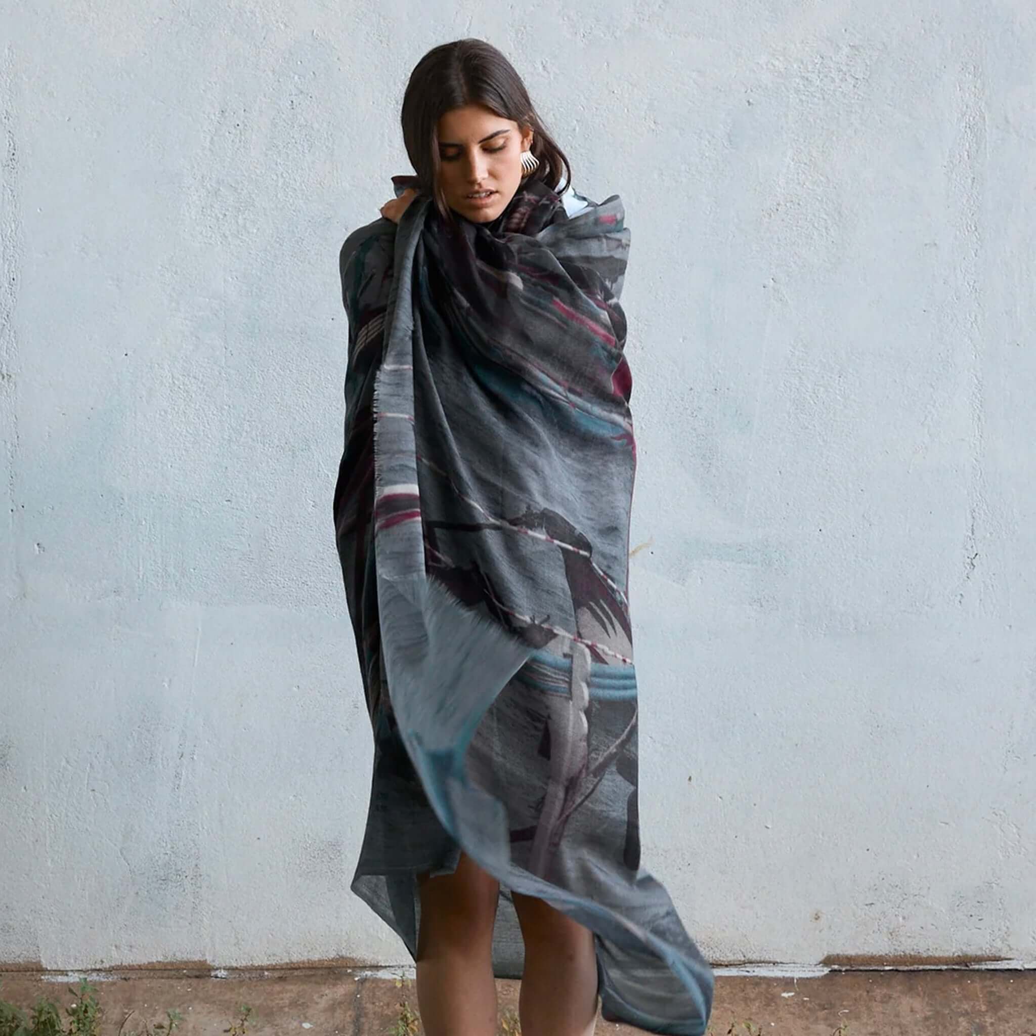 Alt Tag: Good & Co Oversized Wool & Silk  Scarf - Jukung Boats oversized wool-silk scarf draped on model, lightweight soft warm layering accessory