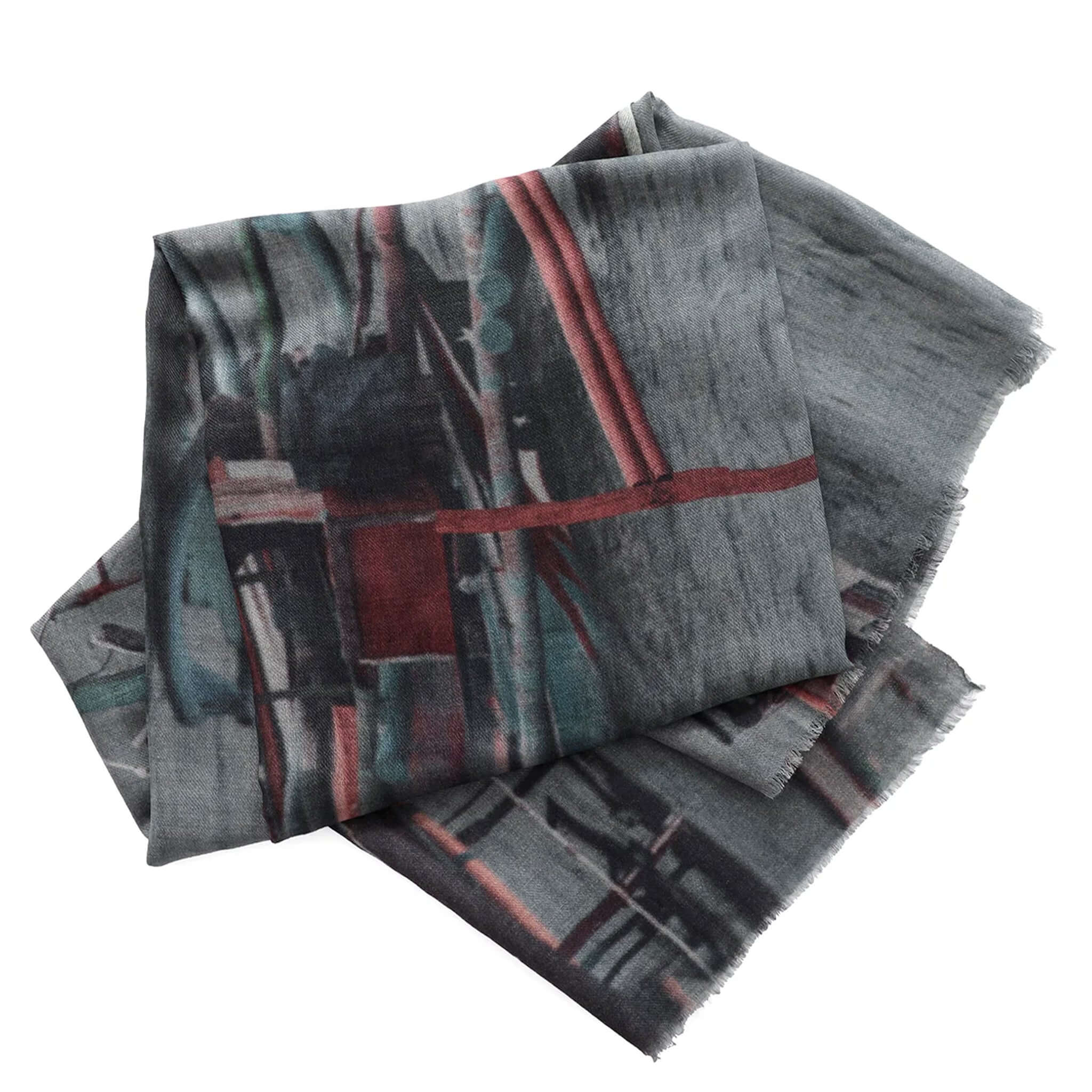 Good & Co Oversized Wool & Silk  Scarf - Jukung Boats oversized grey wool-silk scarf with vivid boat-inspired print, soft warm wrap