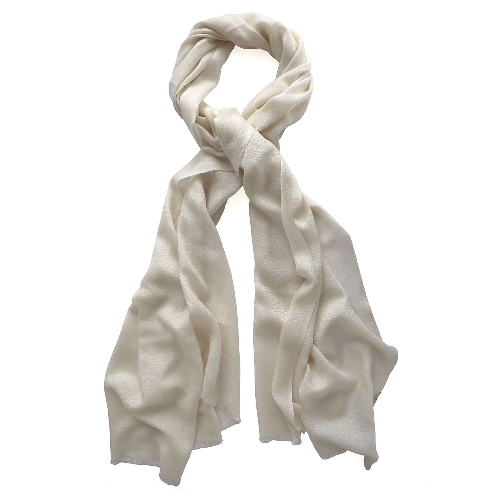Good & Co Plain Wool Scarf - Cream, lightweight scarf ideal for layering, featuring a soft wool-silk blend and delicate hand-frayed hem.