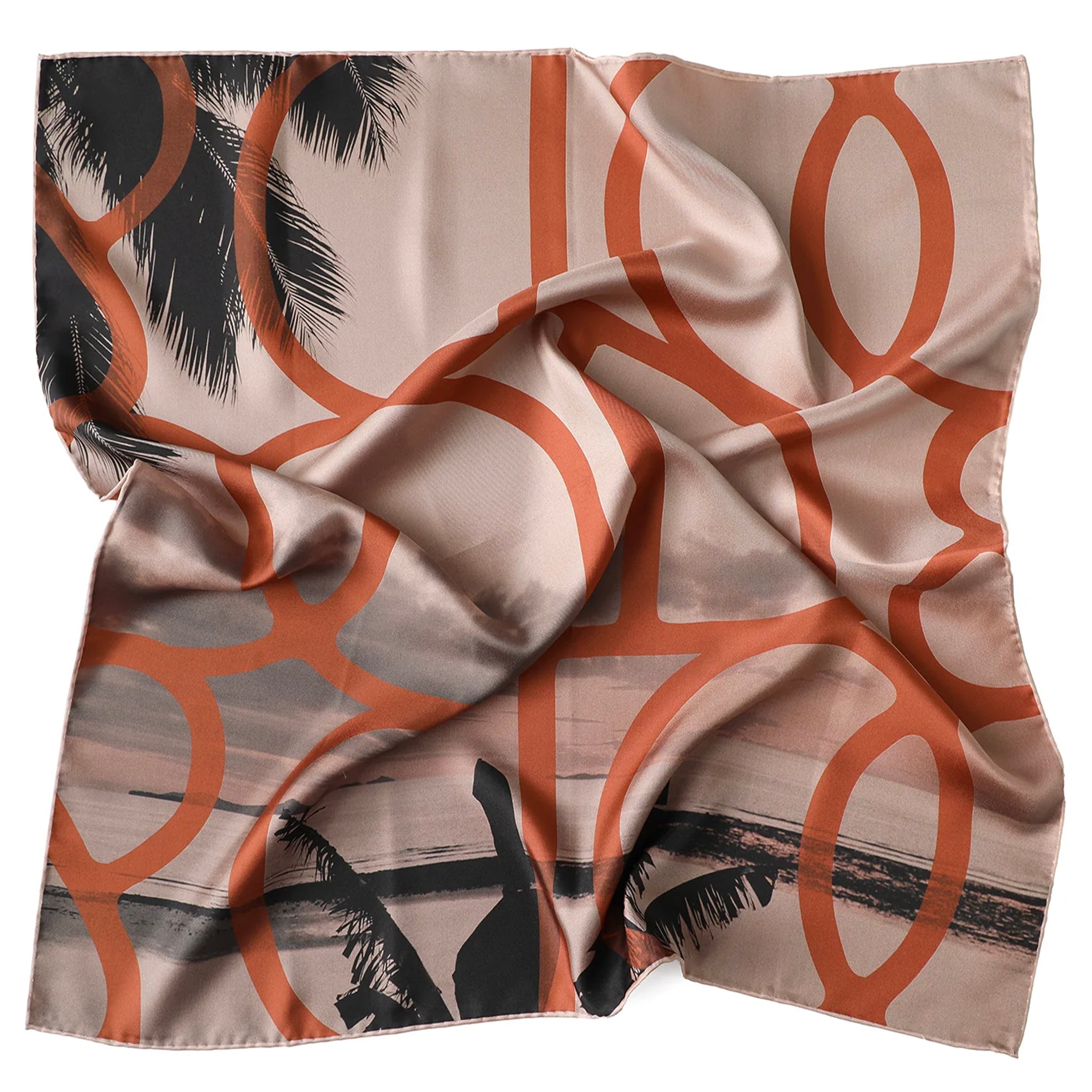 Scarf with orange geometric pattern and palm tree design on a white background