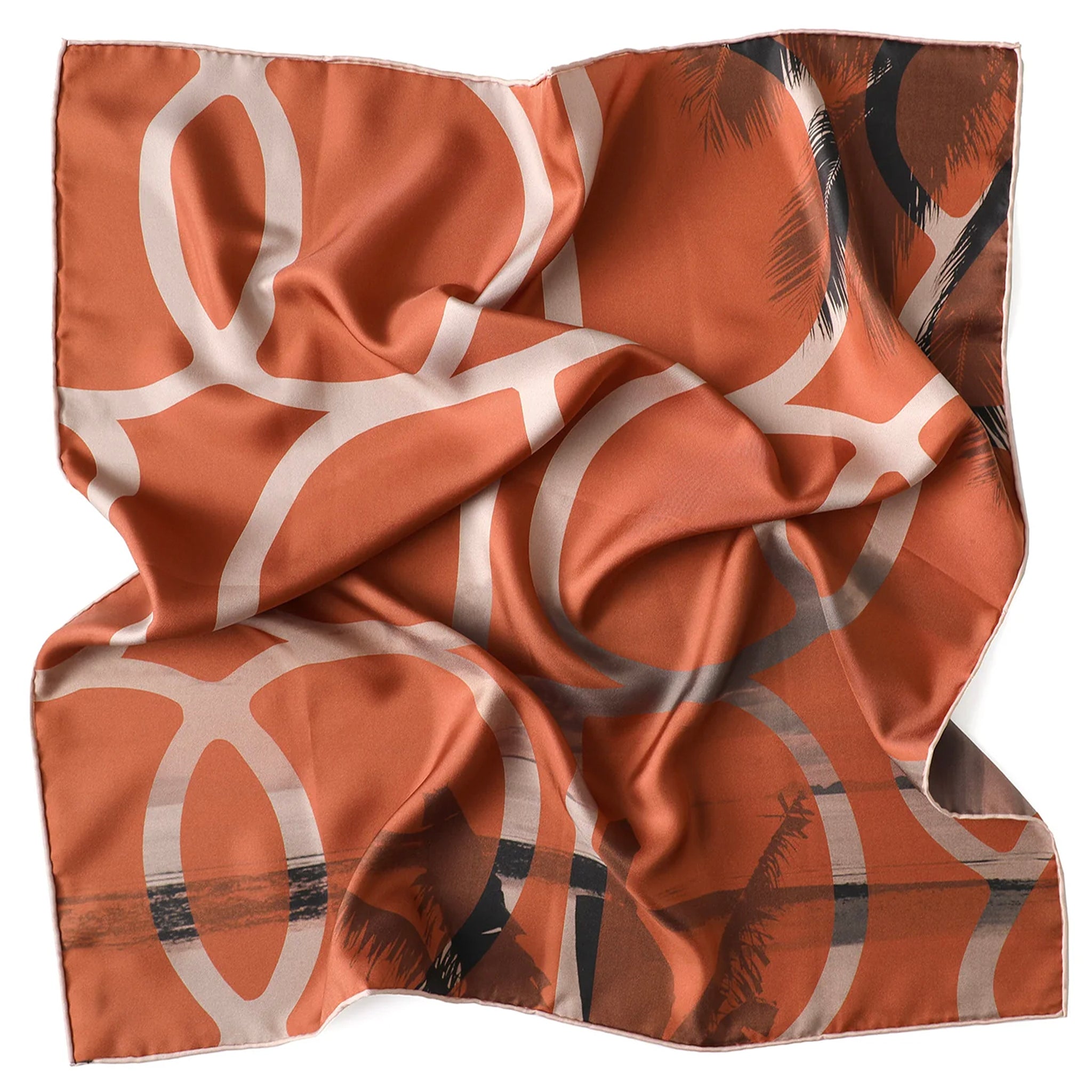 Brown silk scarf with abstract patterns on a white background