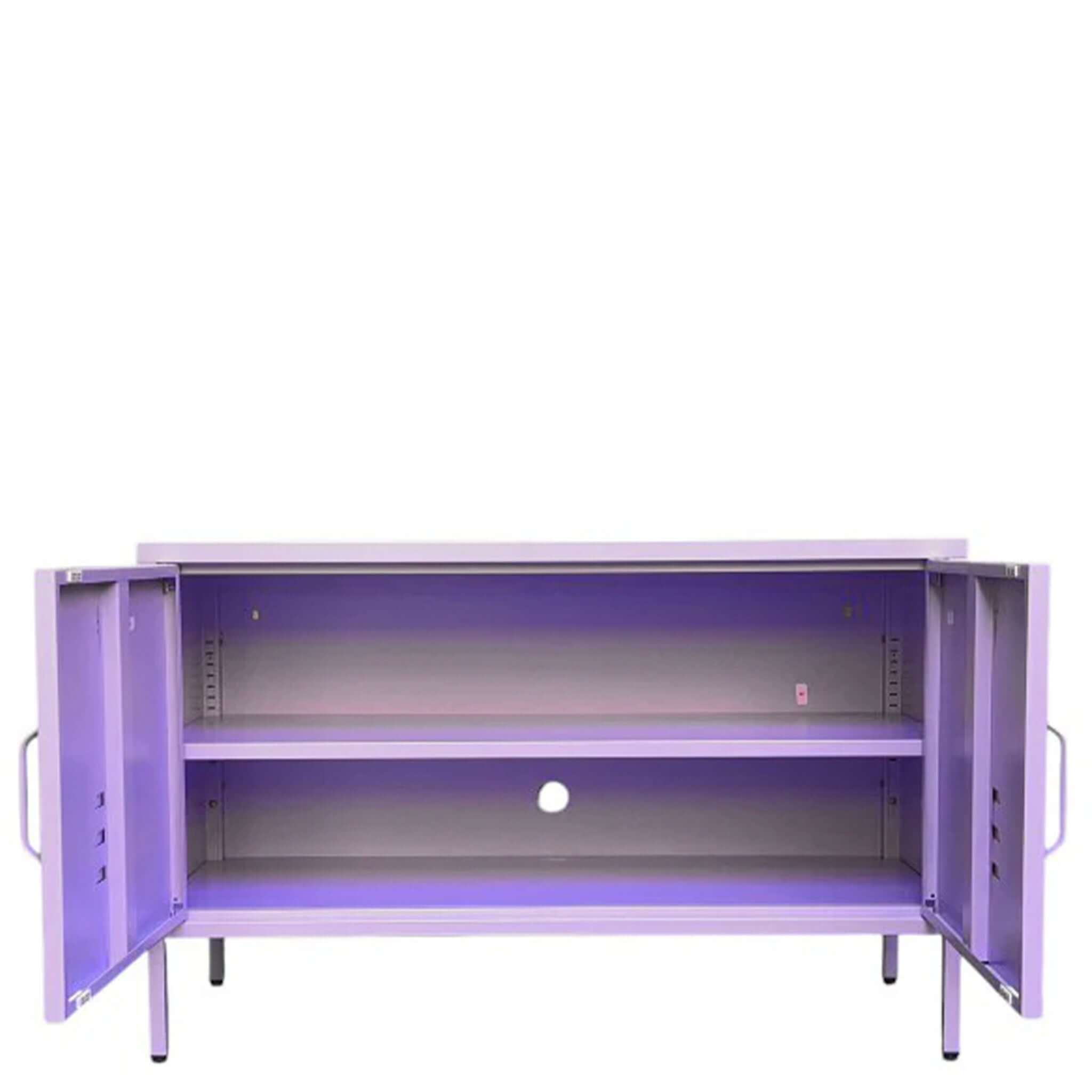 Alt Tag: Good. Harold Contemporary Metal Locker low metal storage cabinet with double doors open, adjustable shelf and cable hole