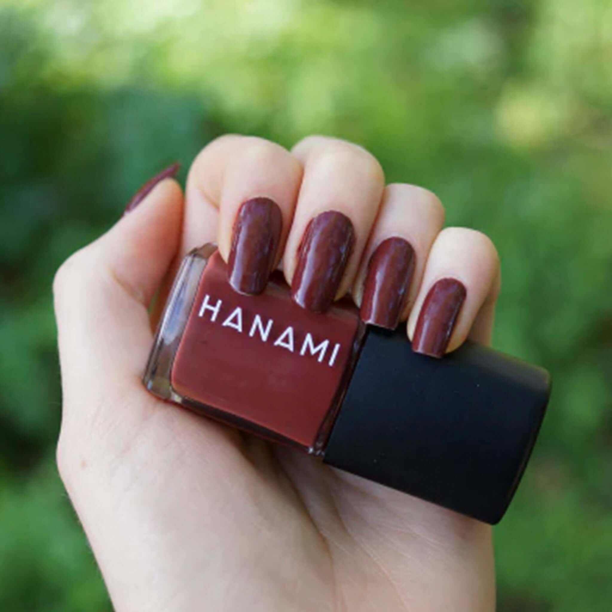 Alt Tag: Hanami Plant Based Nail Polish - Cortez deep burgundy vegan 21-free non-toxic breathable plant-based nail colour 15ml