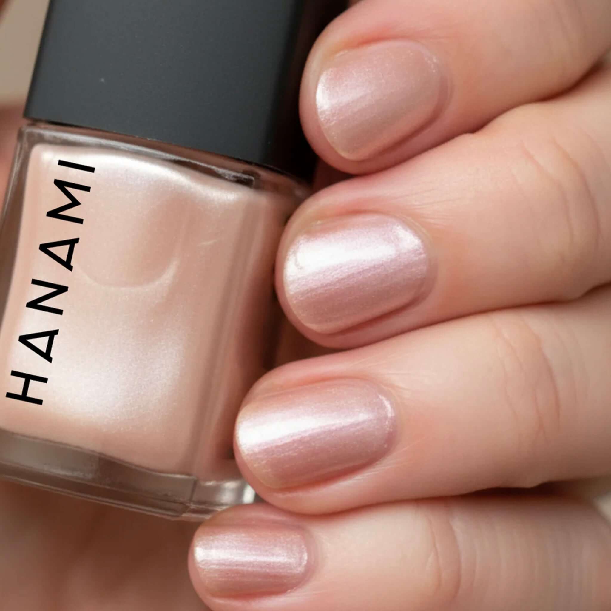 Alt Tag: Hanami Plant Based Nail Polish - Satin Doll satin shimmer nude pink manicure, vegan 21-free non-toxic breathable plant-based nail colour