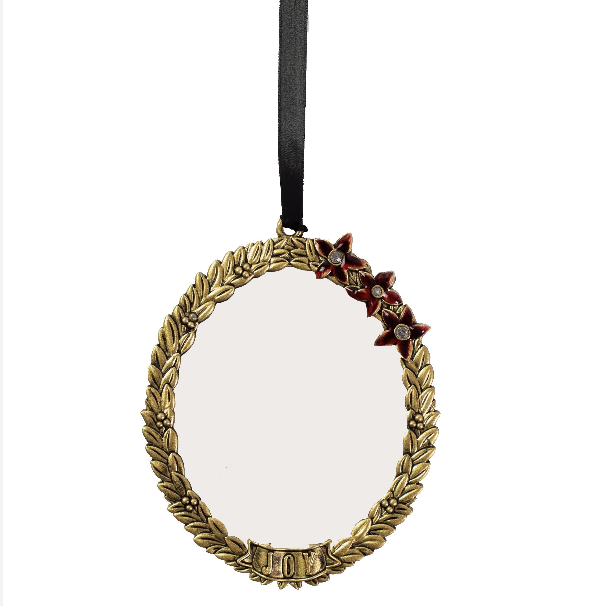 Decorative wreath ornament with stars and 'JOY' on a white background