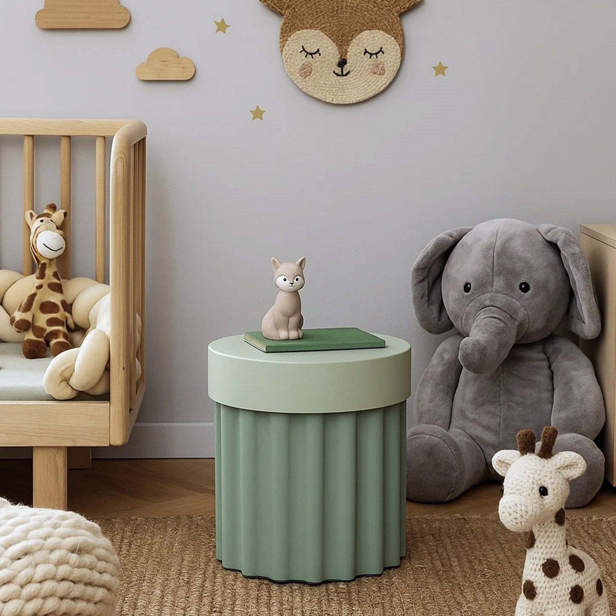 Harry Stool / Side Table in Green in a child's bedroom setting.