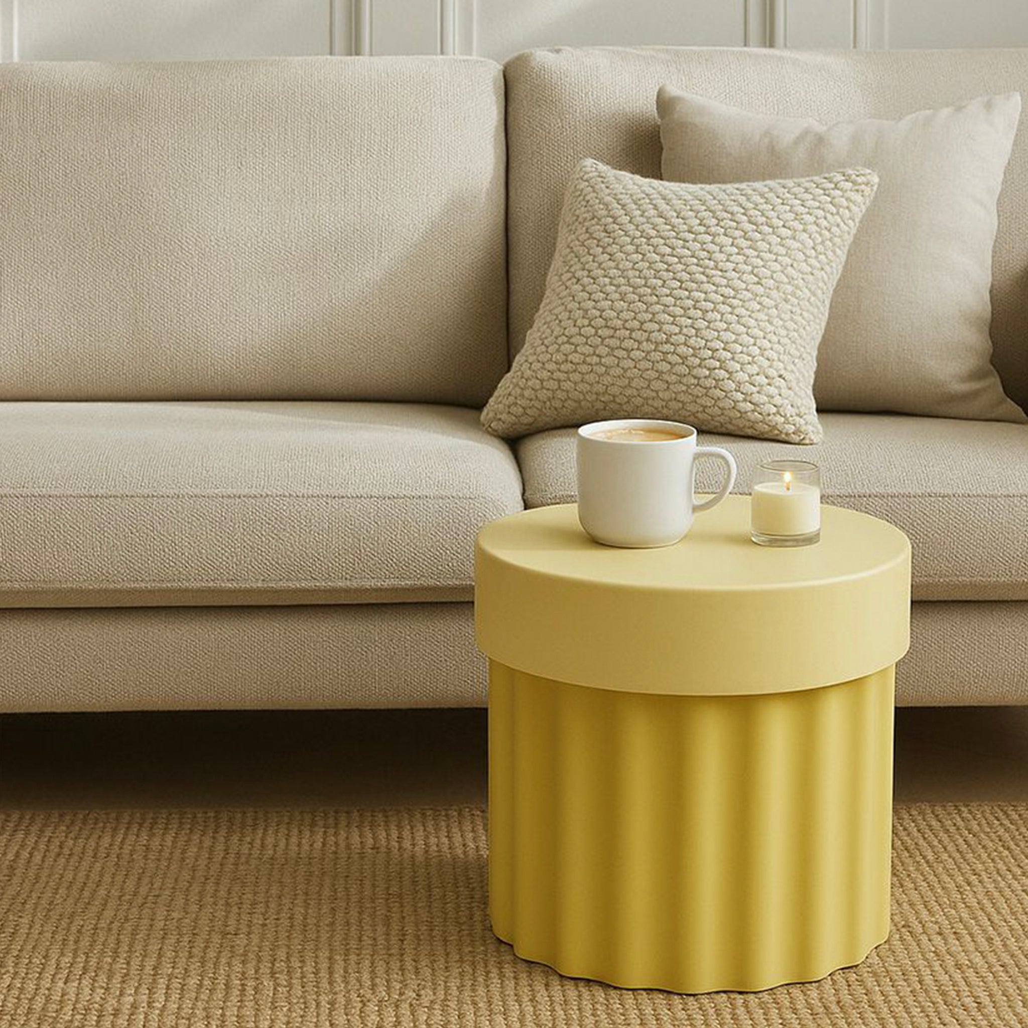 Harry Stool / Side Table in yellow in a lounge setting.