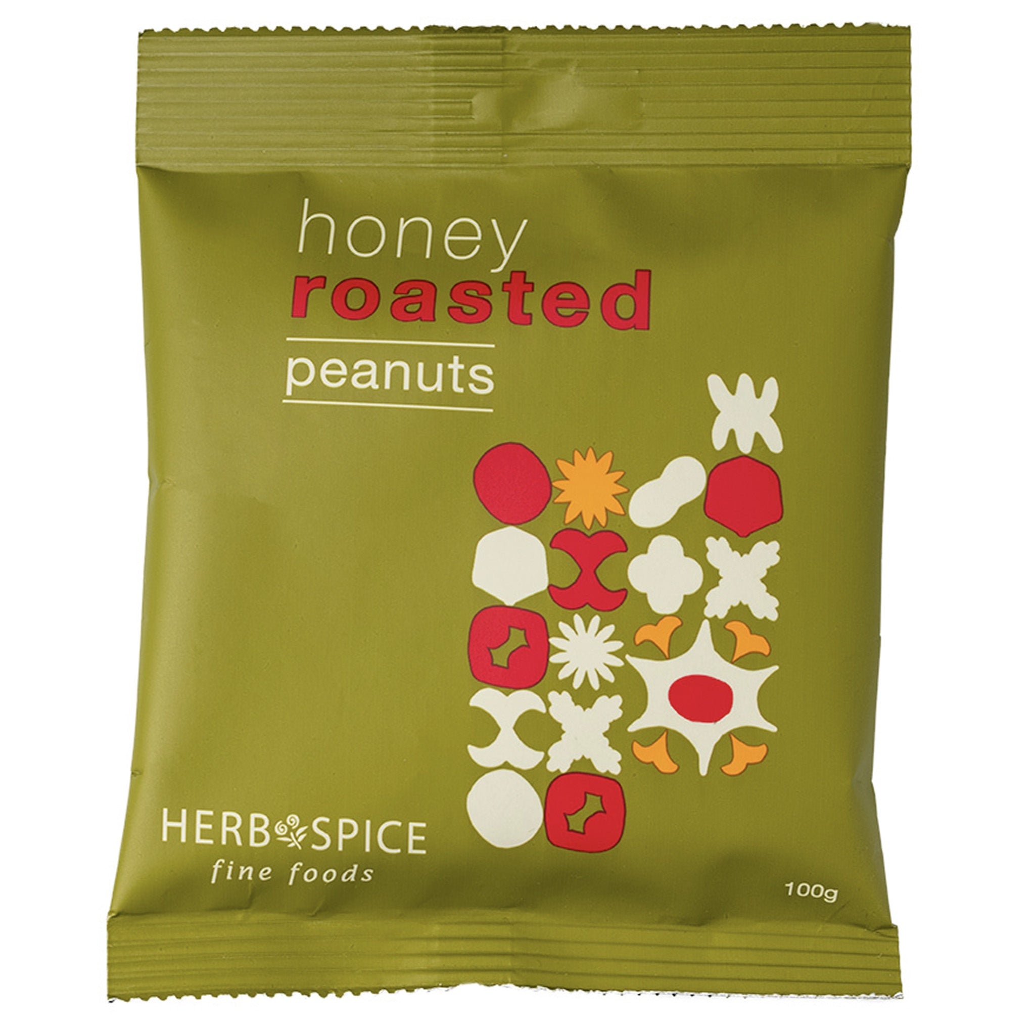 Green package of honey roasted peanuts with decorative elements on a white background